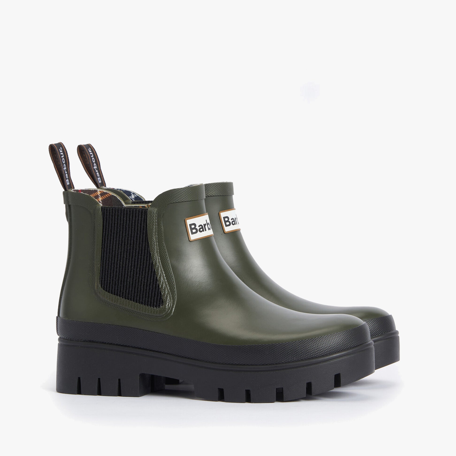 Barbour HALTON Womens Chelsea Wellies Olive/Black side view featuring block heel and elastic panels.