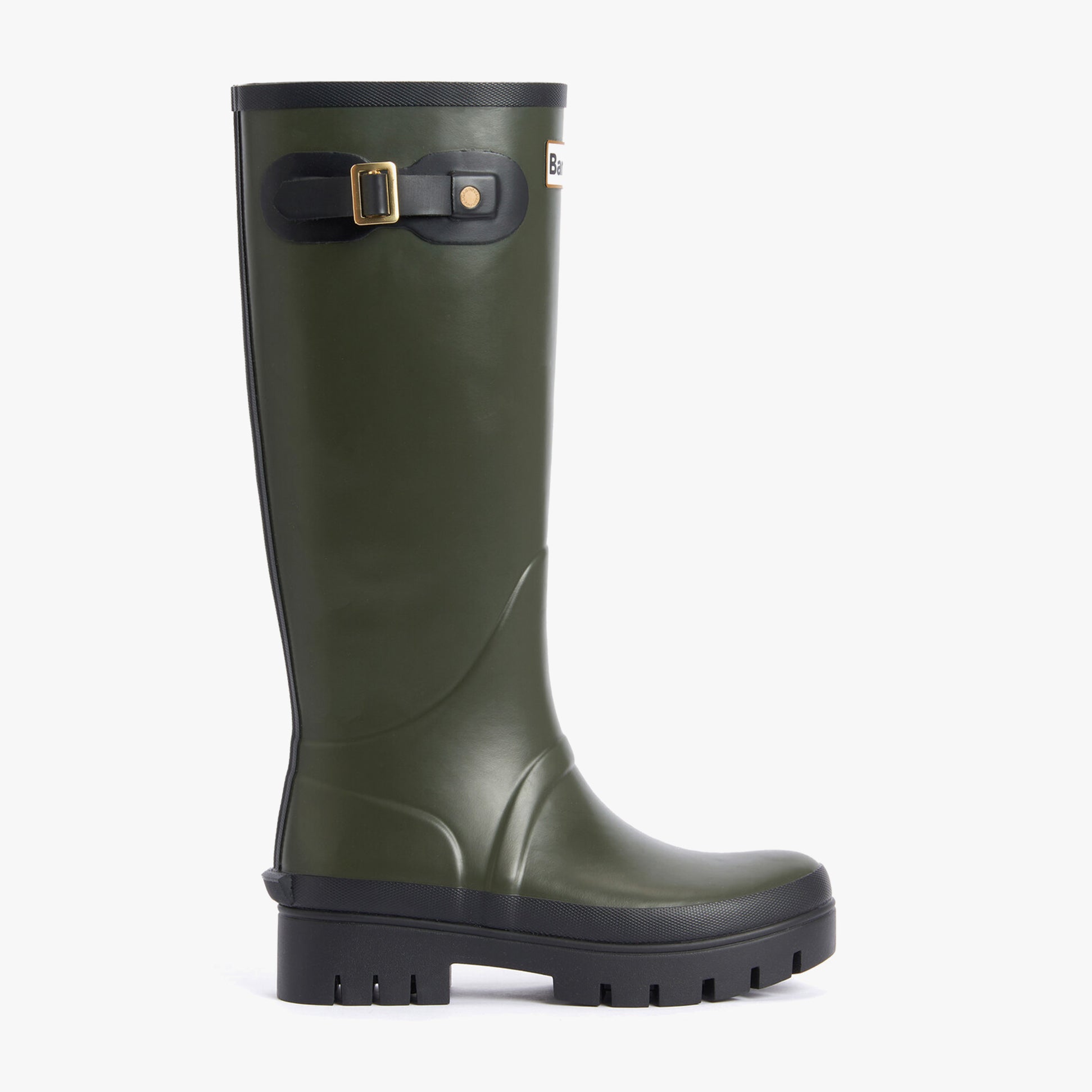 Barbour SNOWDON Womens Tall Wellies Olive/Black side view featuring a knee-high synthetic rubber design with block heel.
