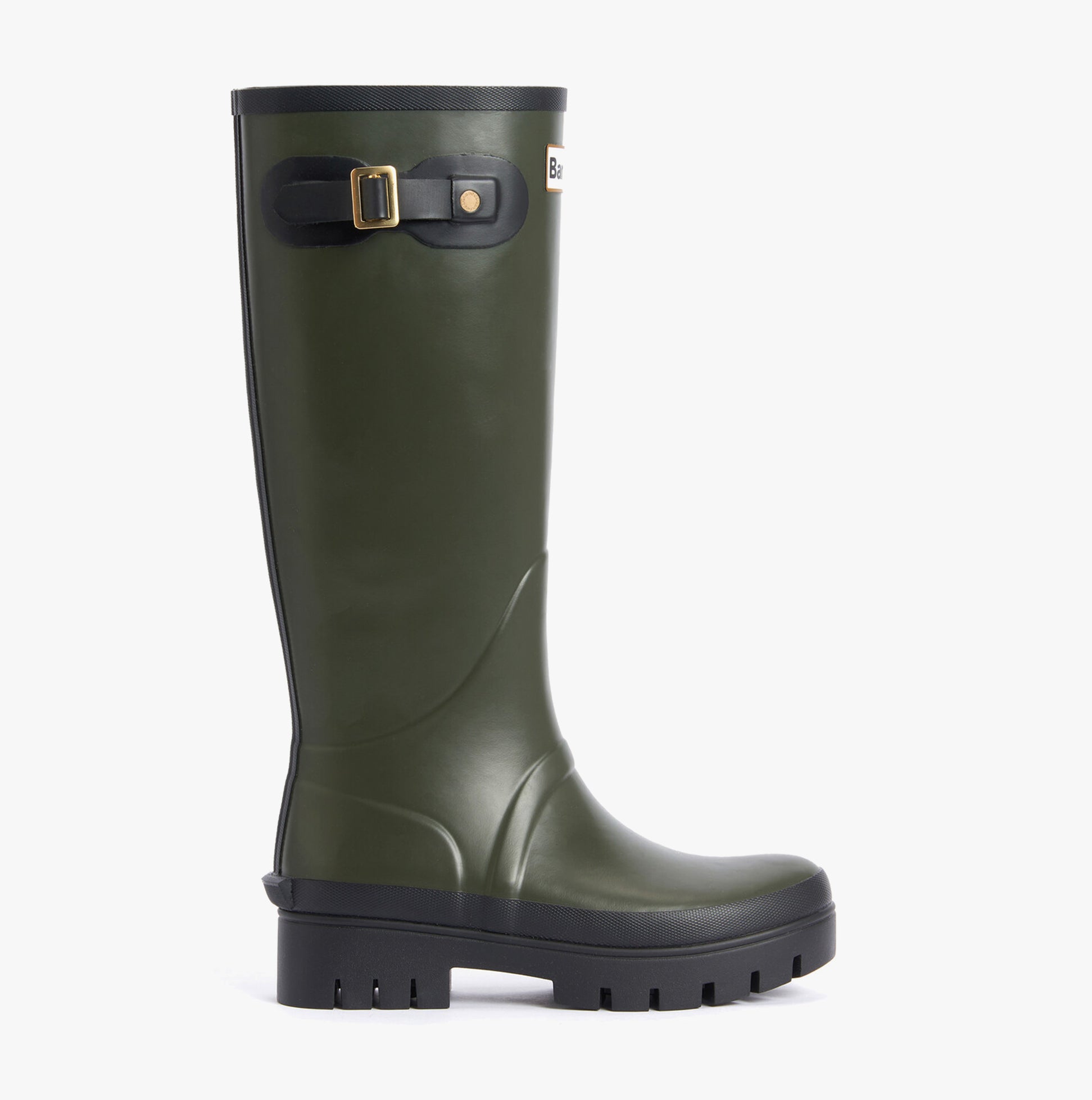 Barbour SNOWDON Womens Tall Wellies Olive/Black side view featuring a knee-high synthetic rubber design with block heel.