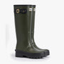 Barbour SNOWDON Womens Tall Wellies Olive/Black side view showing knee-high design and block heel.
