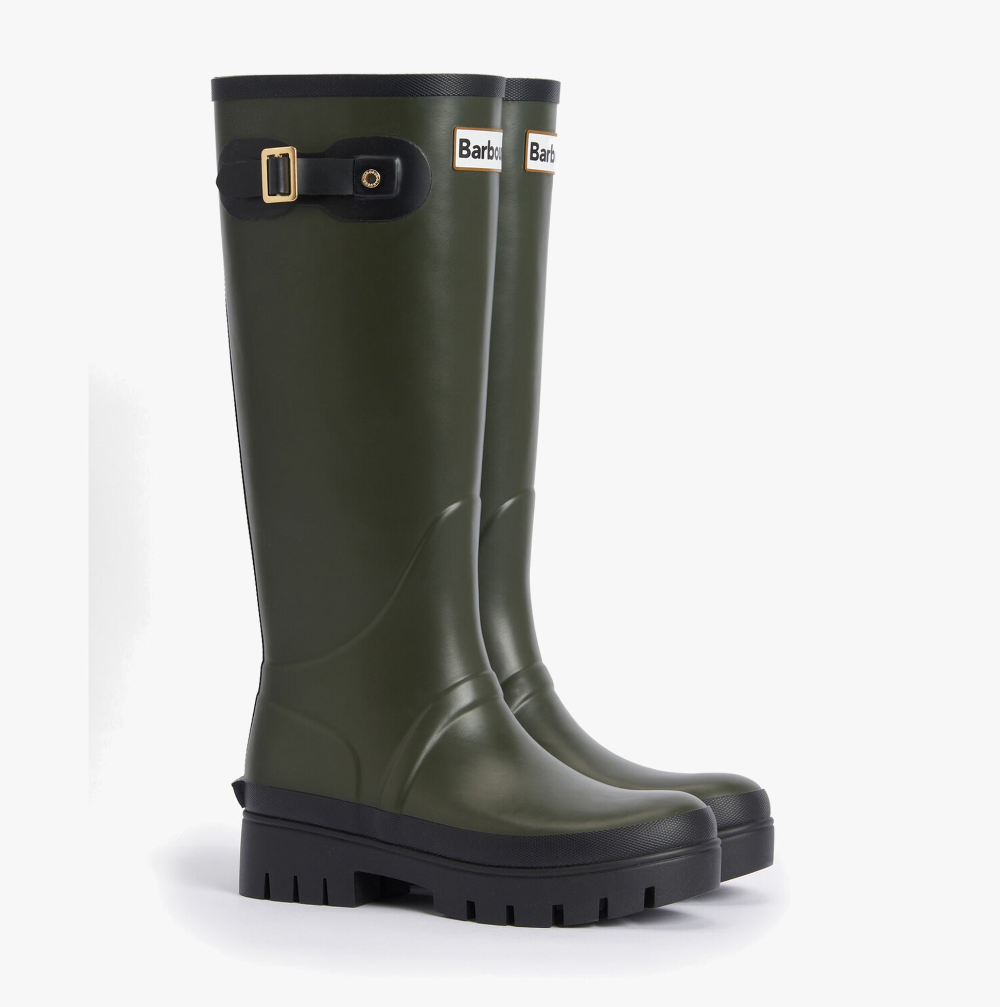 Barbour SNOWDON Womens Tall Wellies Olive/Black side view showing knee-high design and block heel.