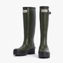 Barbour SNOWDON Womens Tall Wellies Olive/Black side view showcasing knee-high design and block heel.