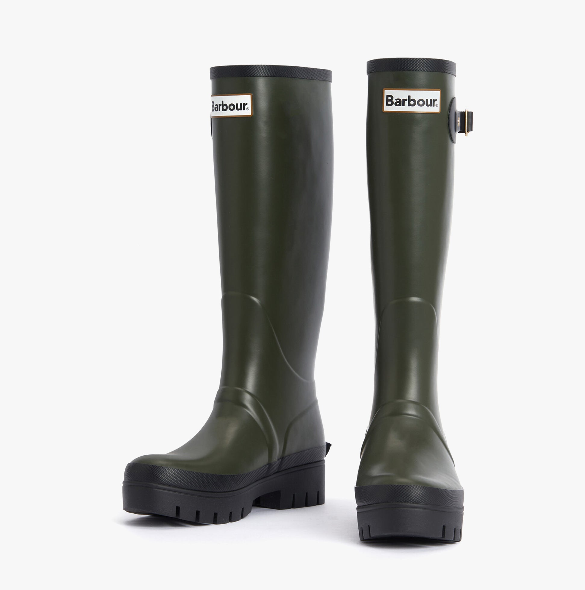 Barbour SNOWDON Womens Tall Wellies Olive/Black side view showcasing knee-high design and block heel.