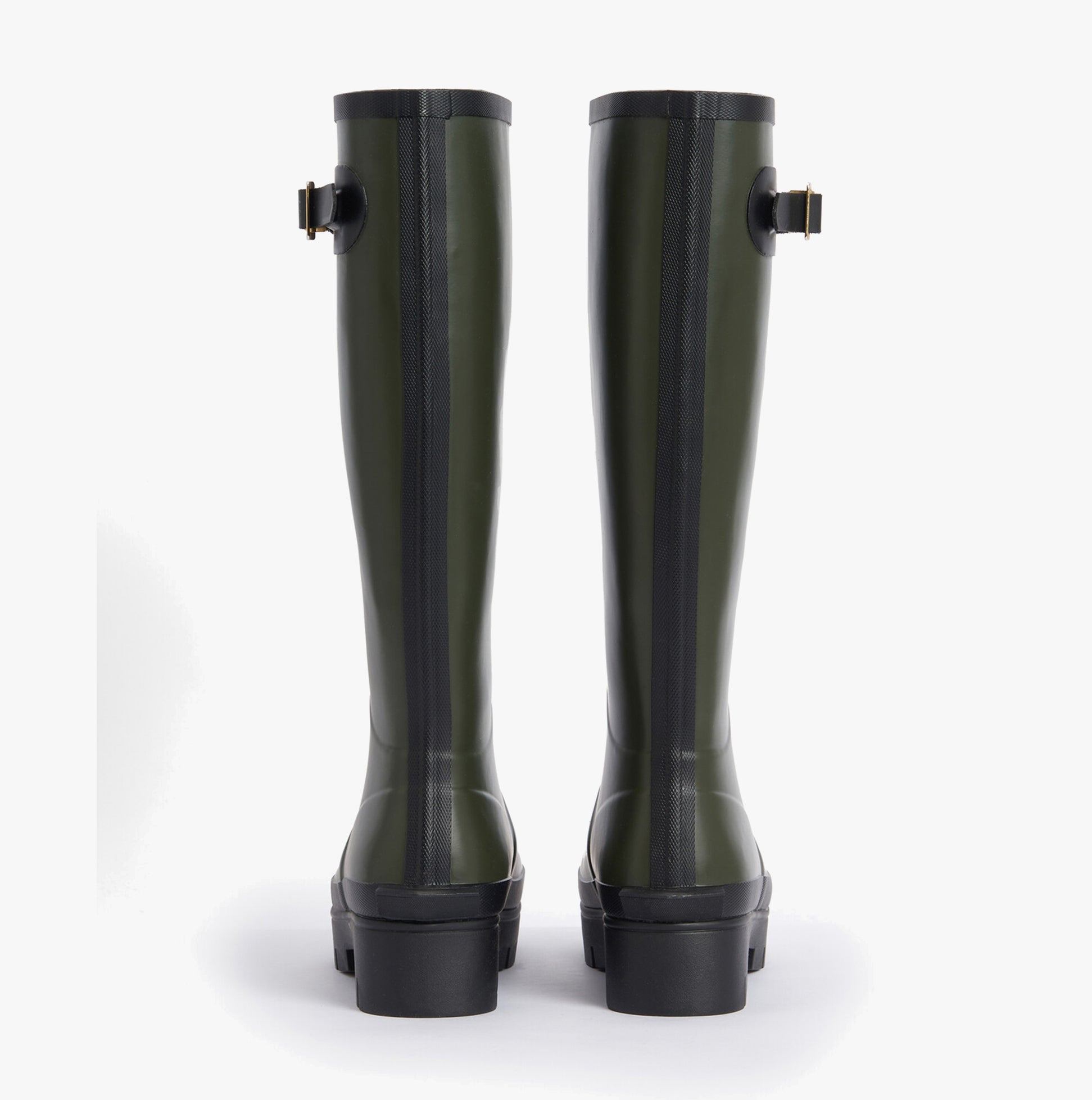Barbour SNOWDON Womens Tall Wellies Olive/Black back view showing knee-high design with block heel.