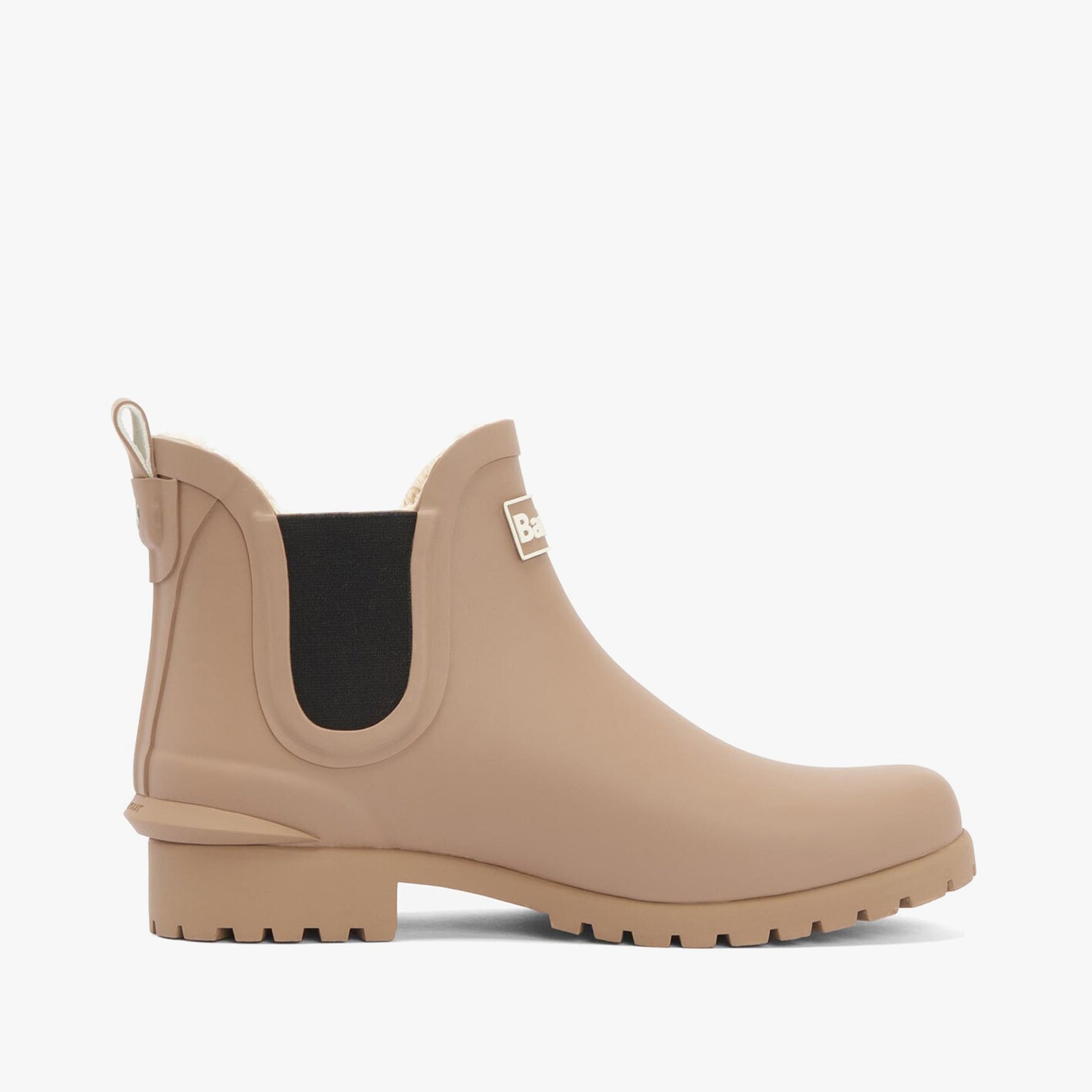 Barbour KIRKTON Womens Warm Lined Wellies Putty side view of ankle height boots with elasticated side panel.