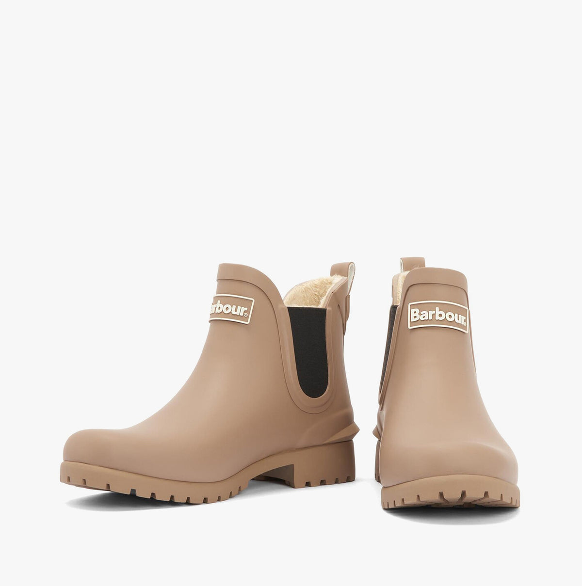 Barbour KIRKTON Womens Warm Lined Wellies Putty side view featuring waterproof synthetic material and elasticated side panel.