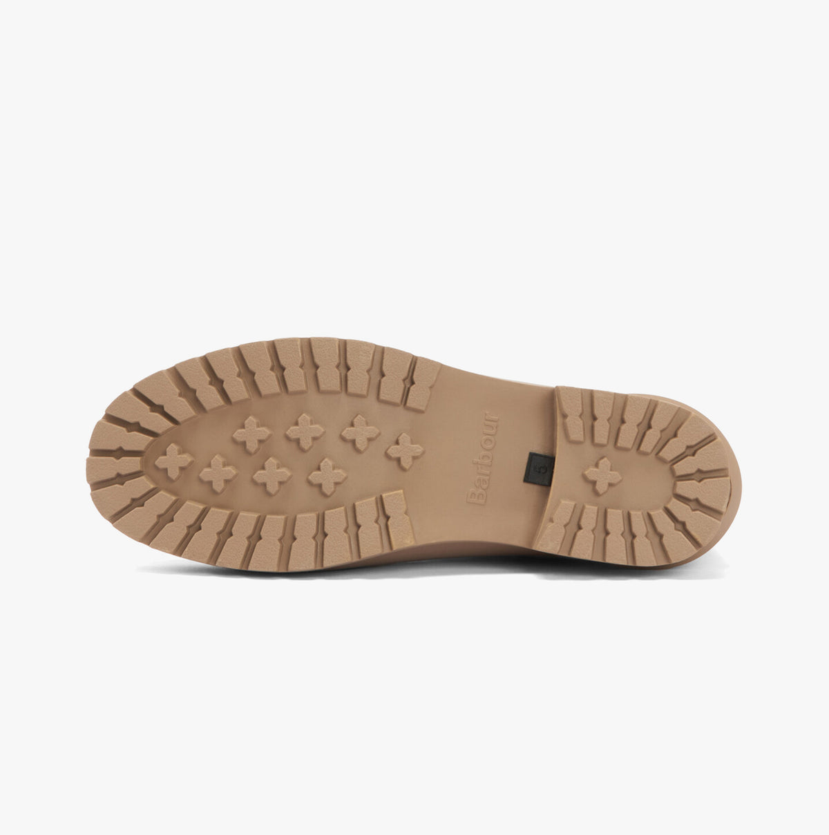 Barbour KIRKTON Womens Warm Lined Wellies Putty bottom sole view, showcasing the rubber tread and logo.