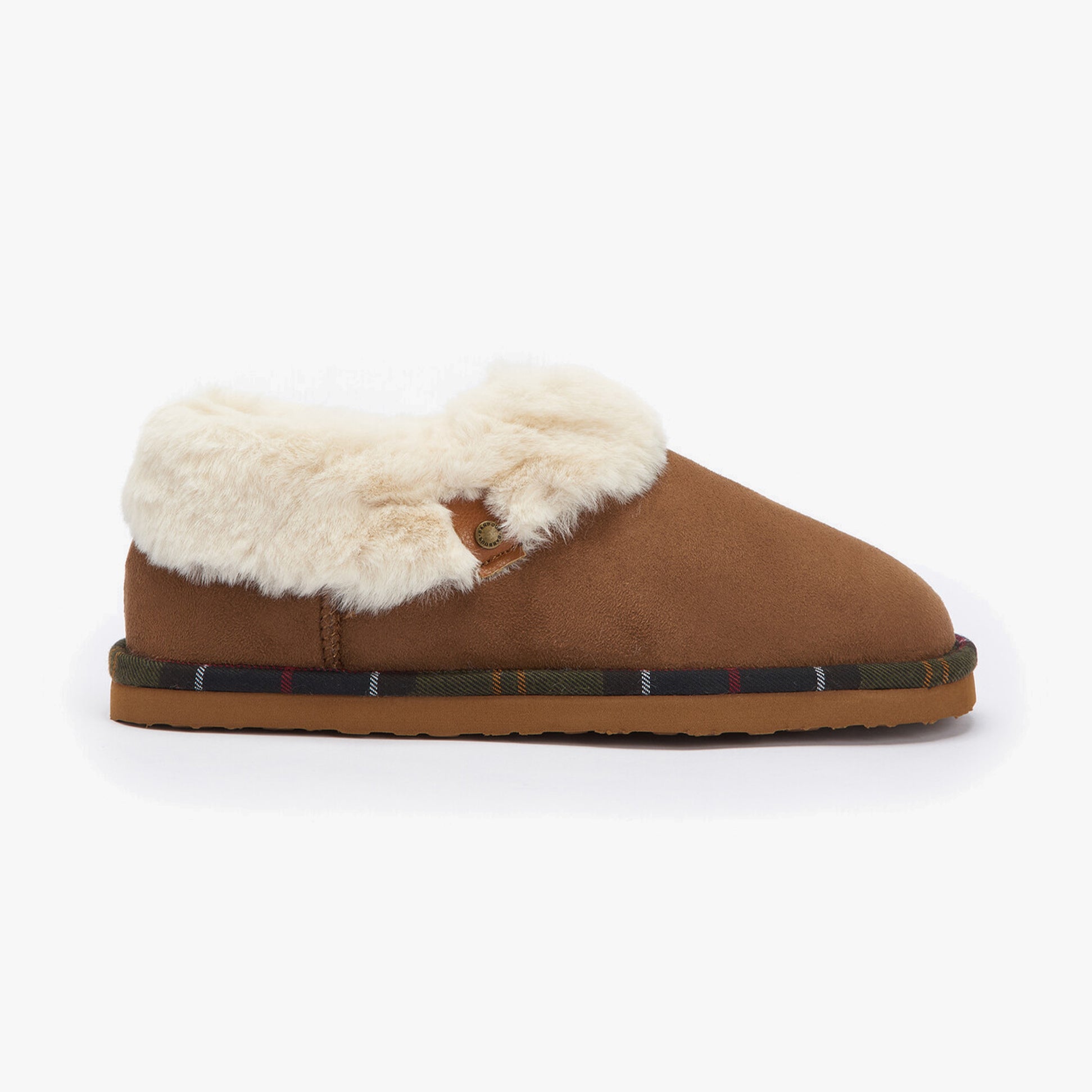 Barbour ELOISE Womens Slippers Camel side view with fur lining and rubber sole.