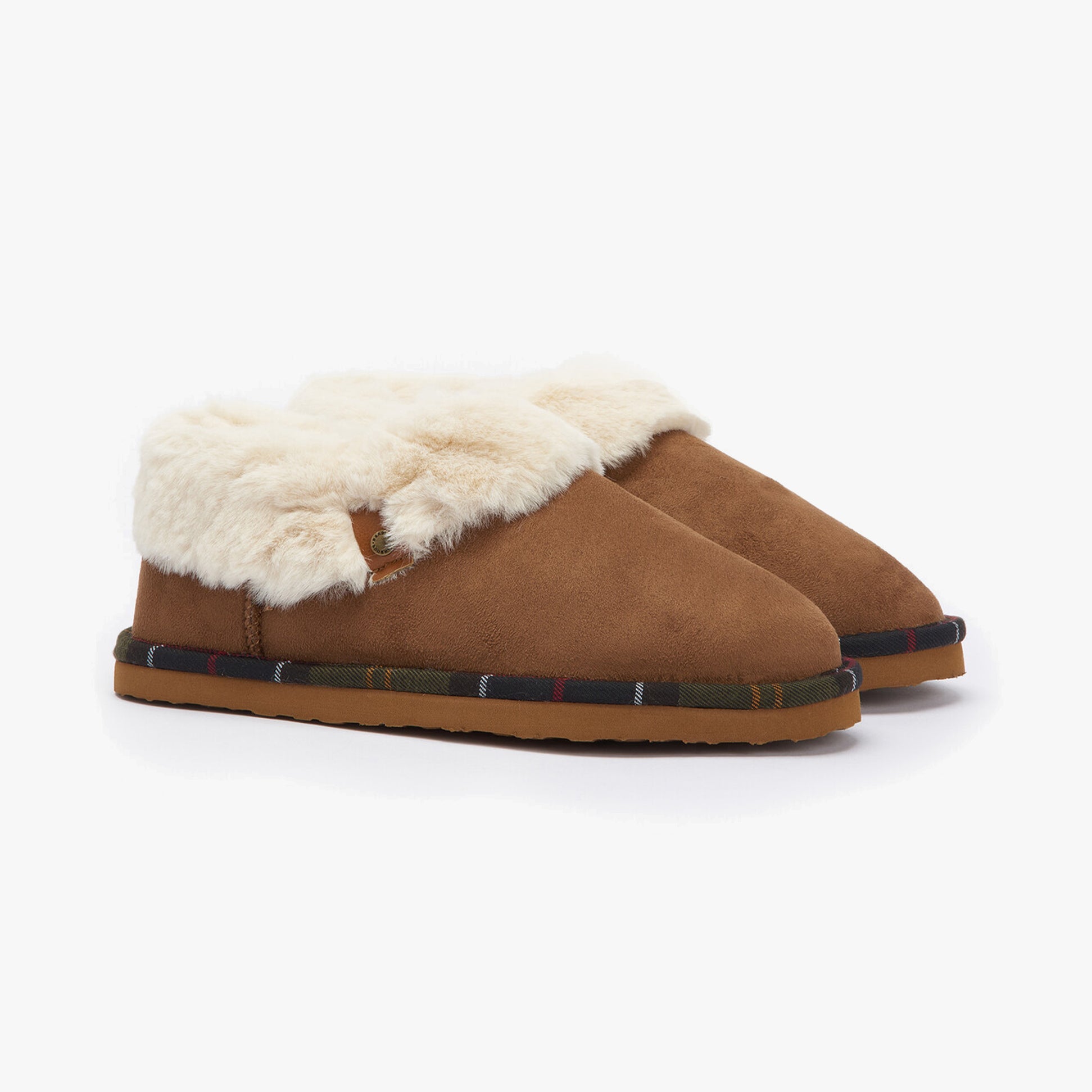 Barbour ELOISE Womens Slippers Camel side view showcasing soft microfiber upper and cozy fur lining