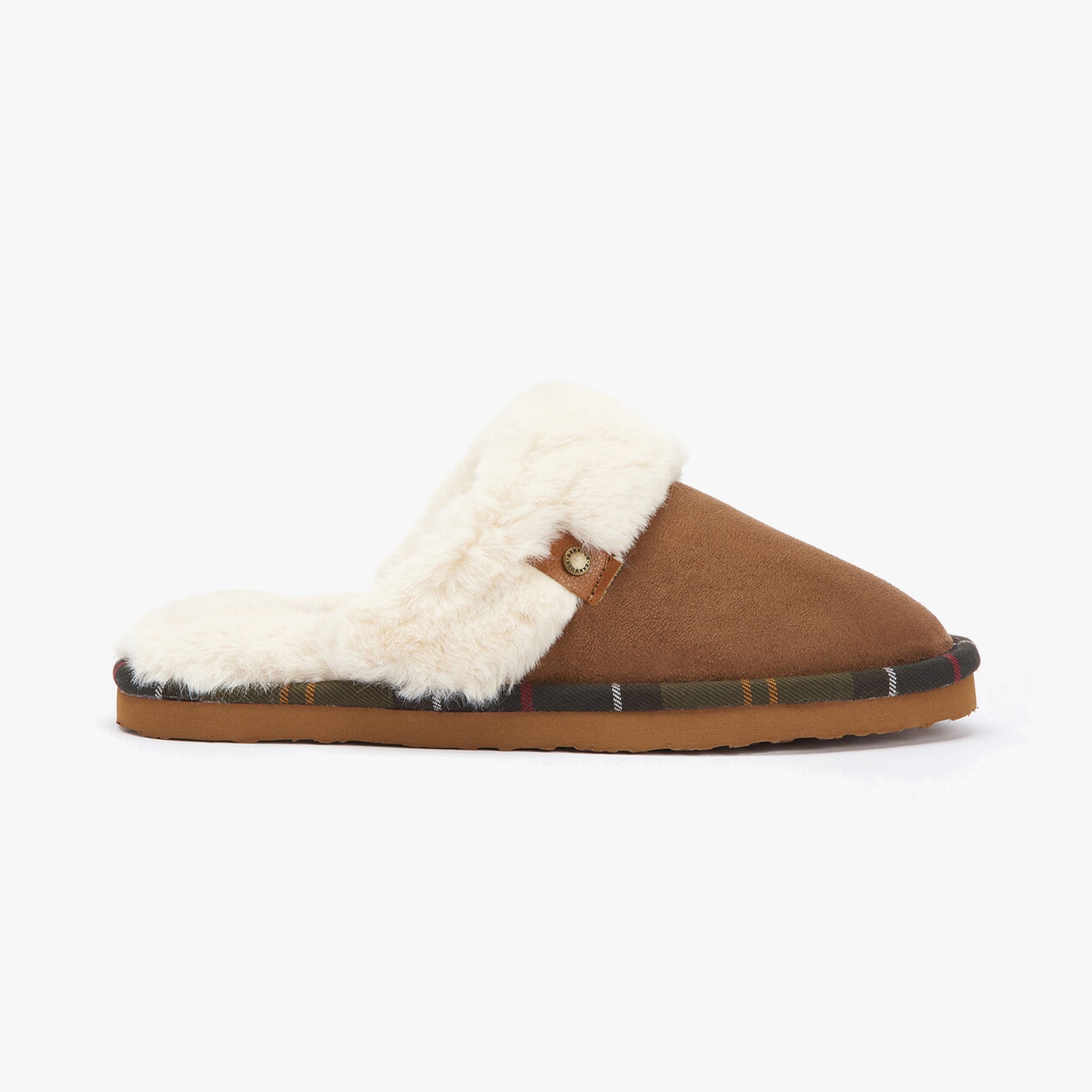 Barbour CLAUDIA Womens Mule Slippers Camel side view with plush lining and rubber sole.