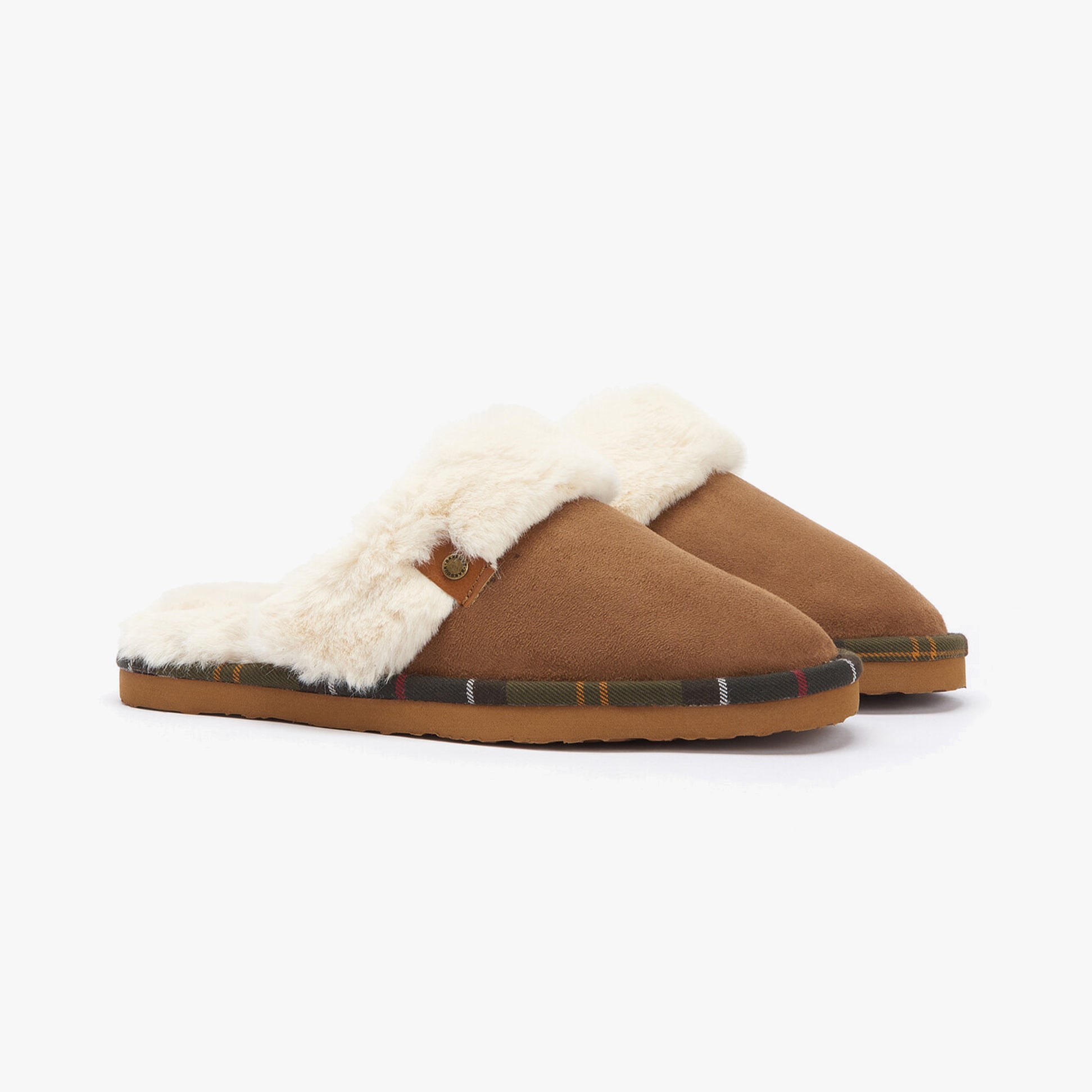 Barbour CLAUDIA Womens Mule Slippers Camel side view, showing cozy microfibre upper and plush lining.