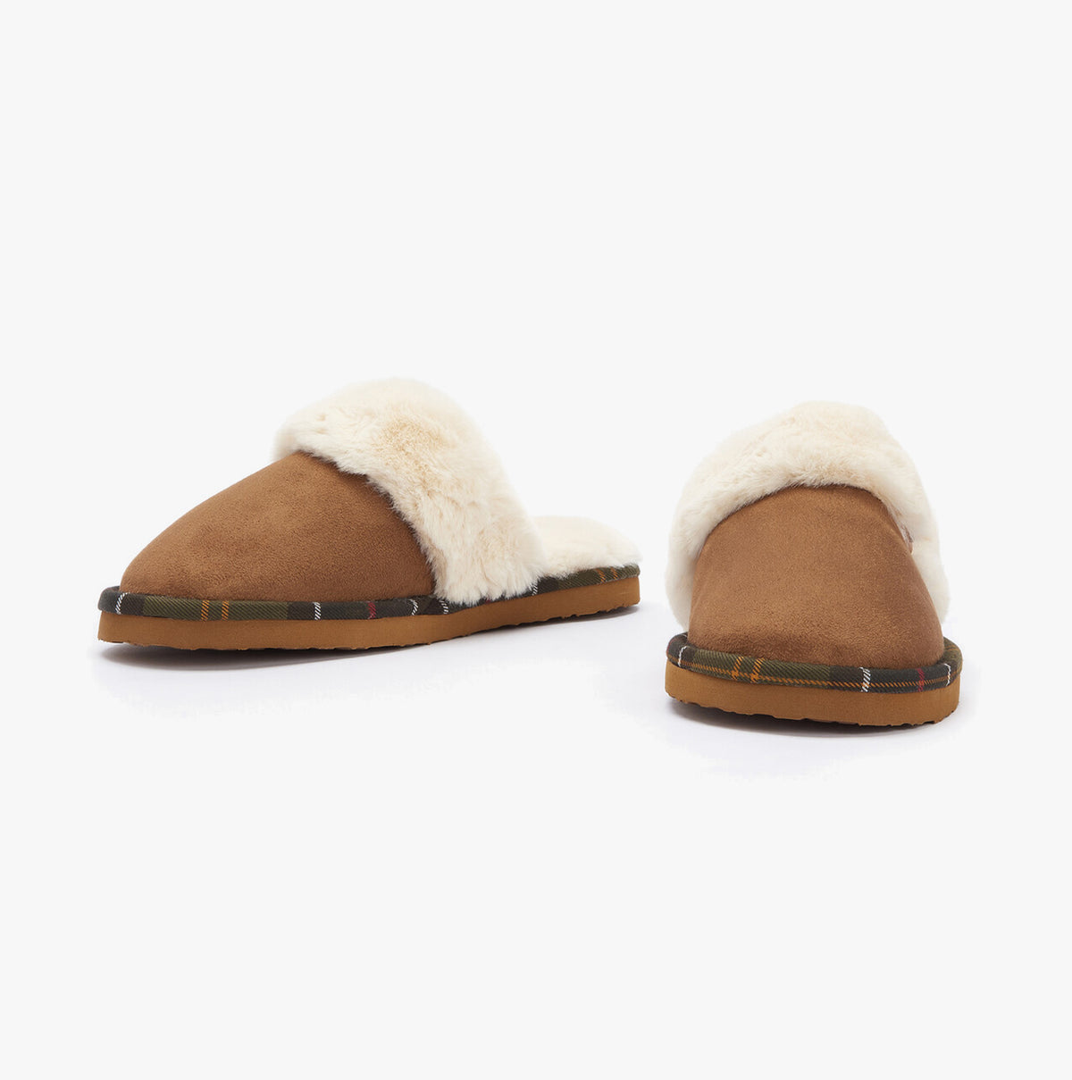 Barbour CLAUDIA Womens Mule Slippers Camel back view showcasing plush lining and slip-on design.