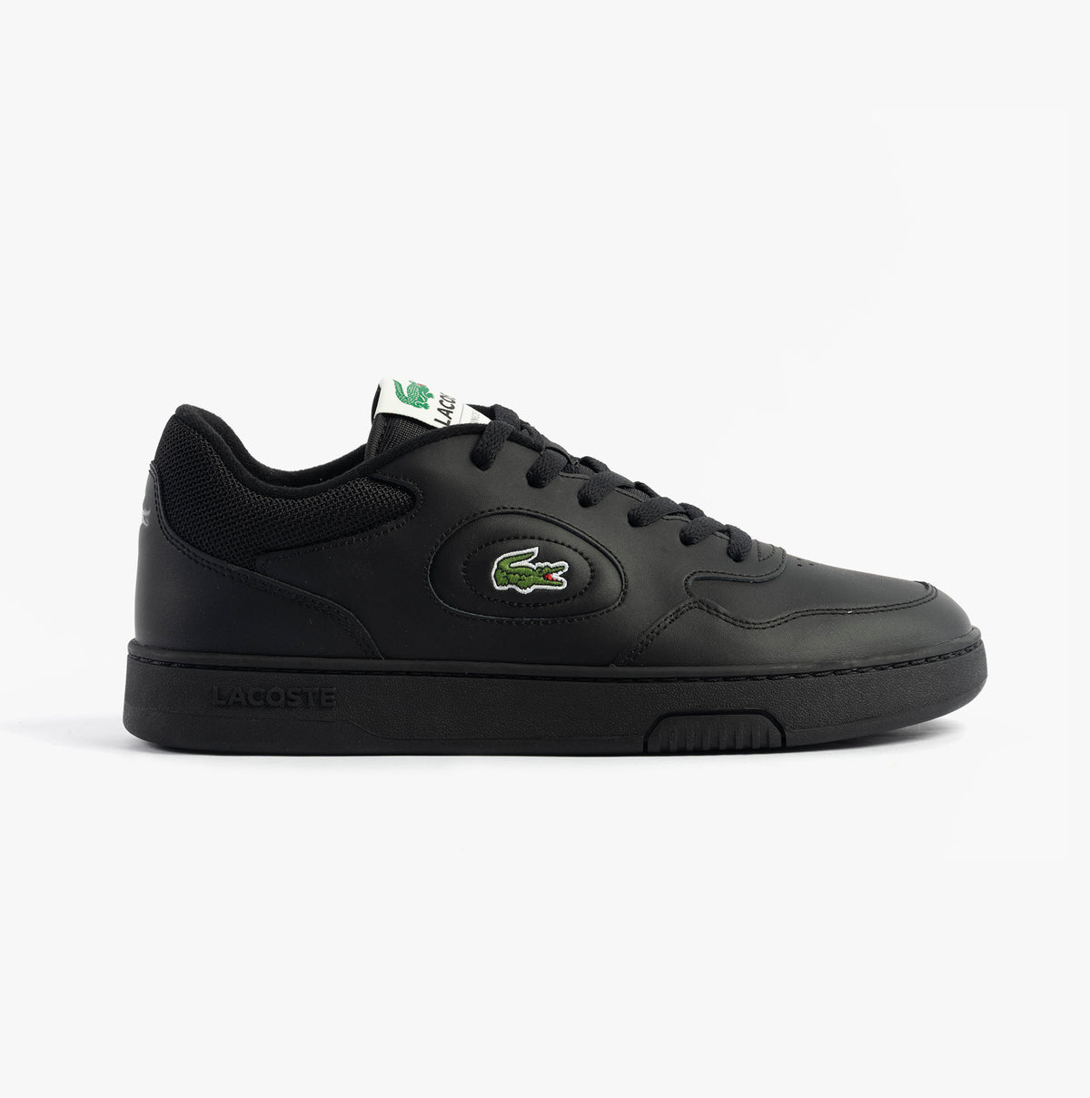 Lacoste LINESET Mens Trainers Black/Black side view with lace-up closure and round toe.