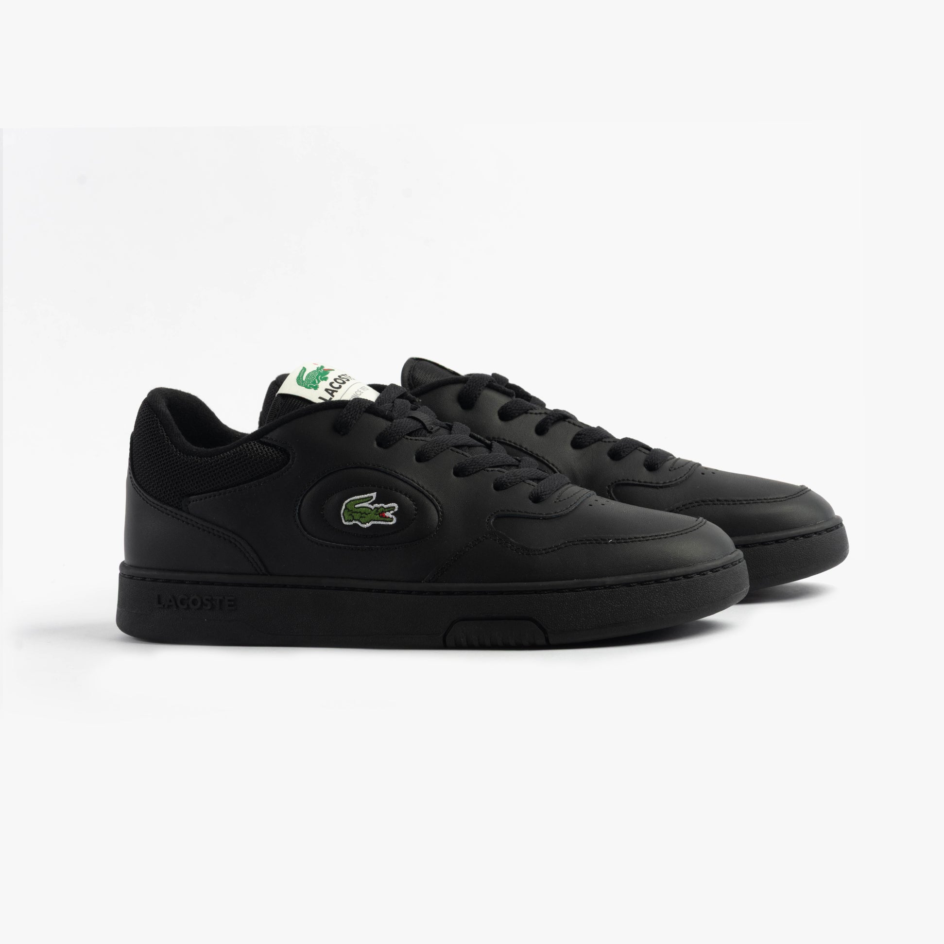 Lacoste LINESET Mens Trainers Black/Black side view with lace-up closure and round toe design.