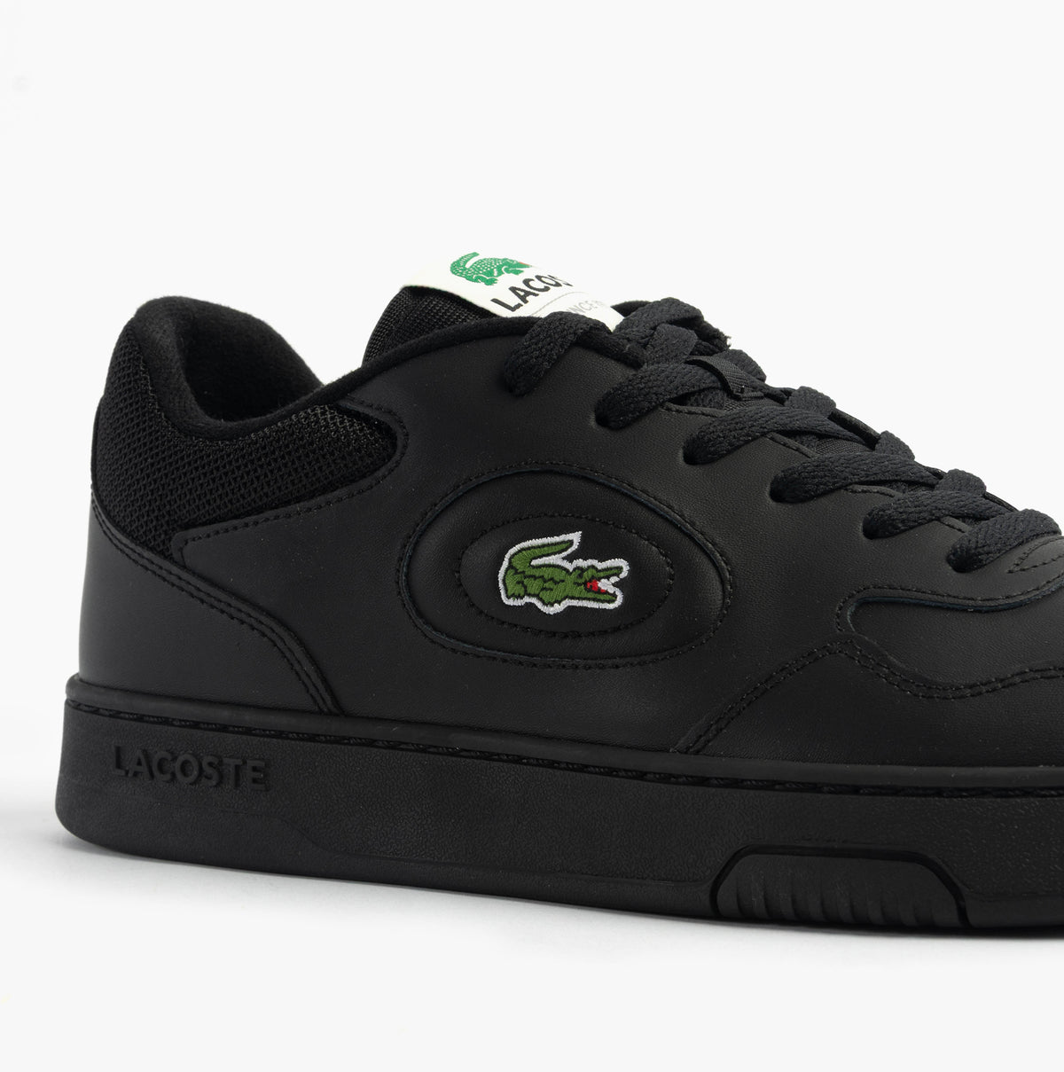 Lacoste LINESET Mens Trainers Black/Black side view featuring leather upper and lace-up closure.