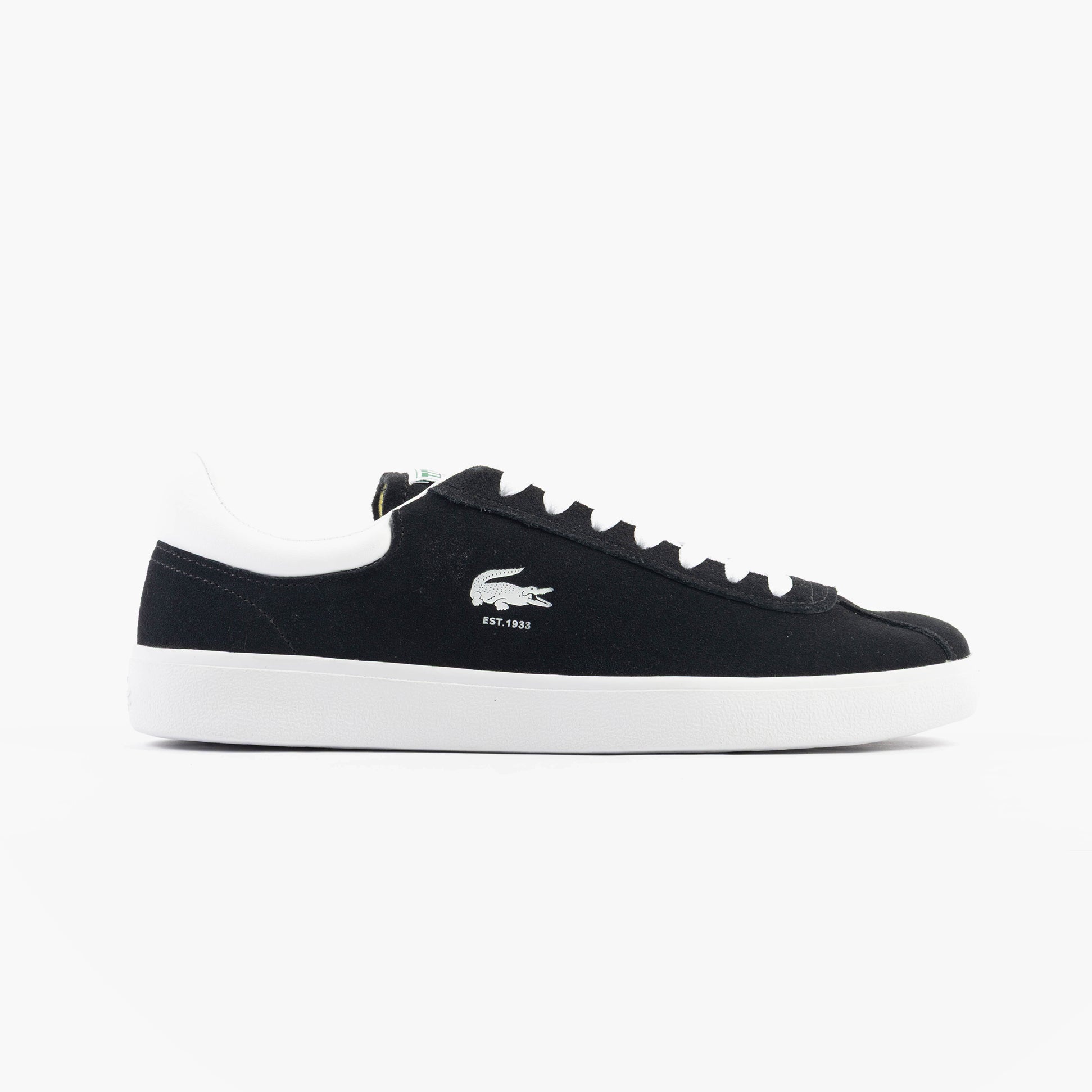 Lacoste BASESHOT Mens Trainers Black/White side view featuring suede upper and lace-up closure.