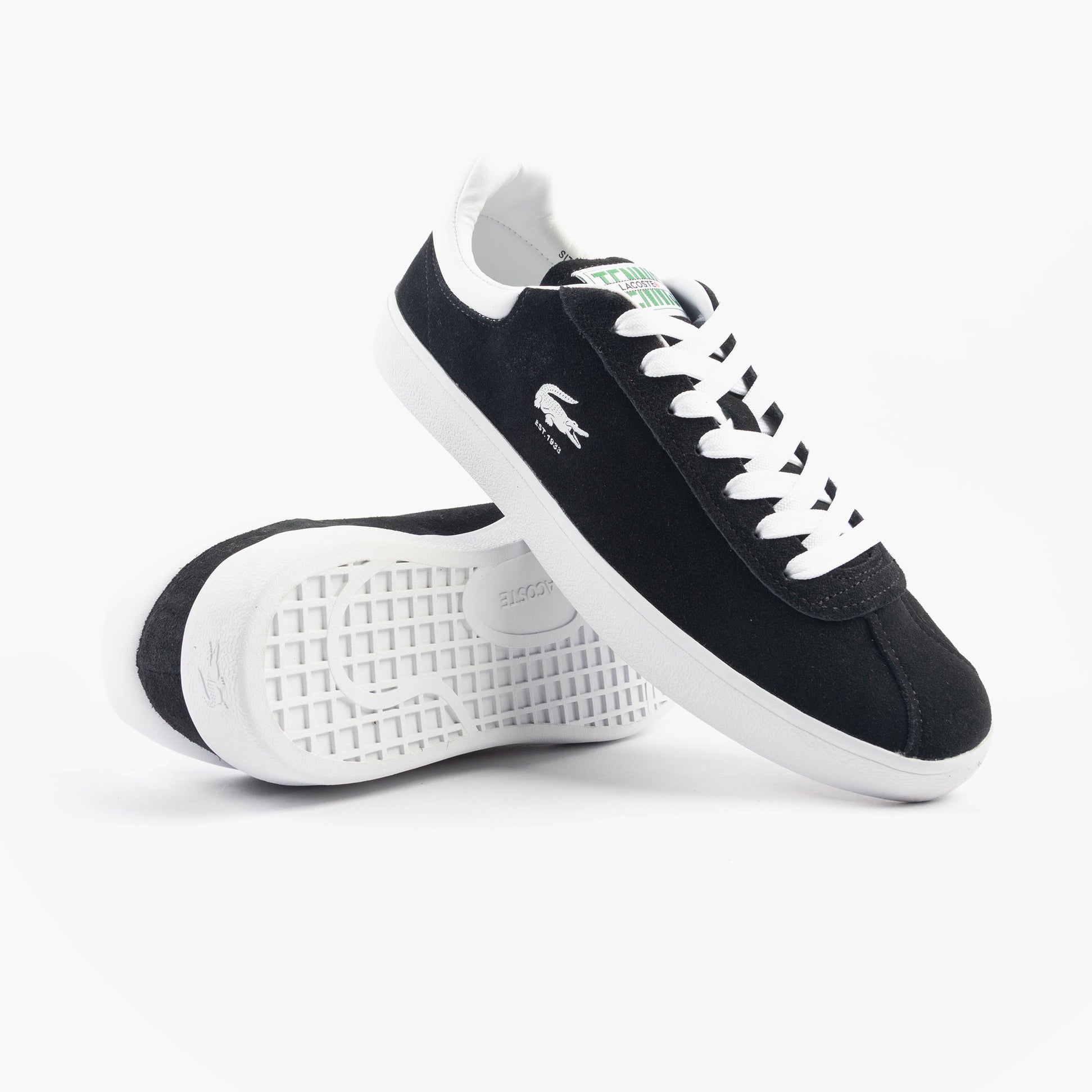 Lacoste BASESHOT Mens Trainers Black/White side view showcasing suede upper and lace-up closure.