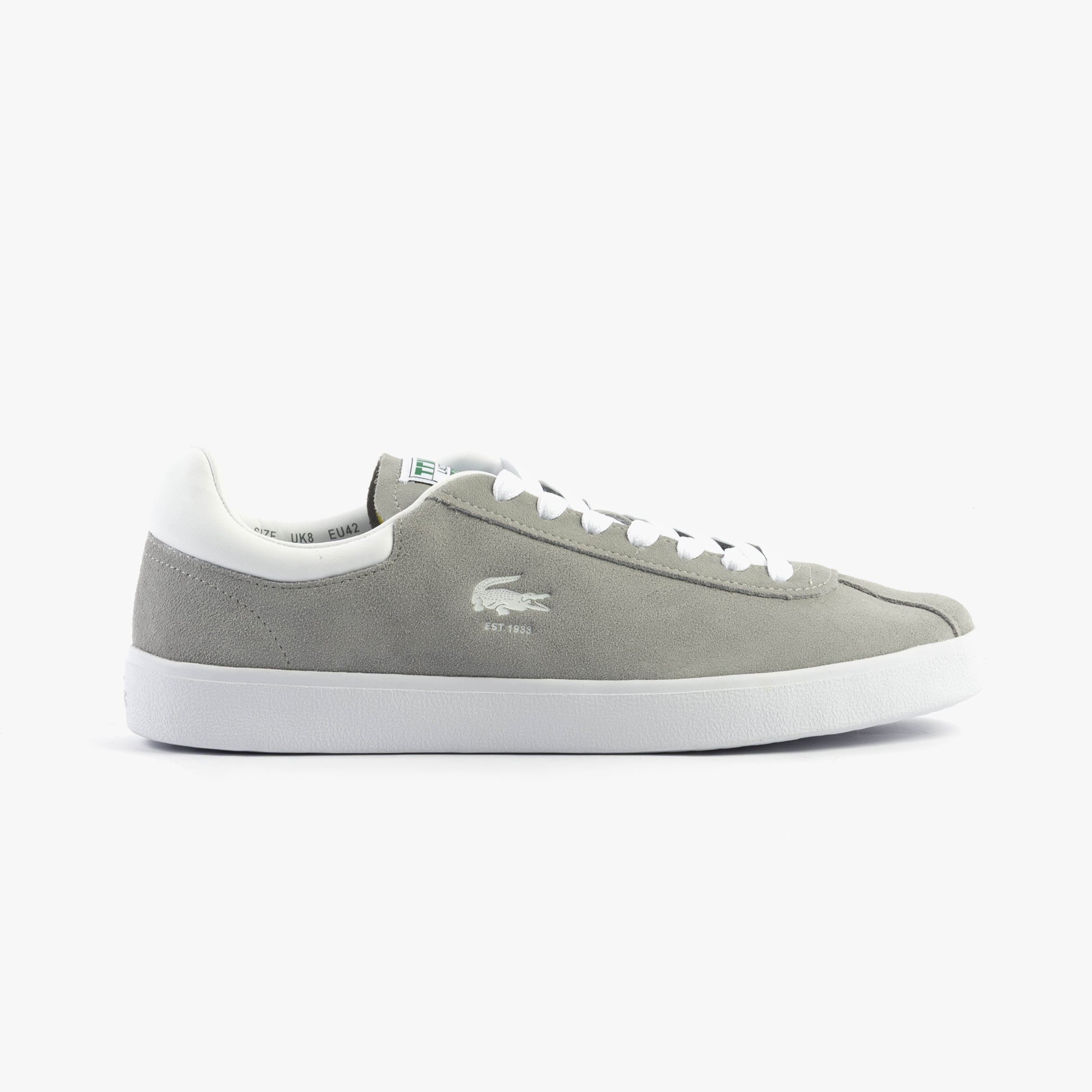 Lacoste BASESHOT Mens Trainers Grey/White side view showcasing suede upper and lace-up closure.