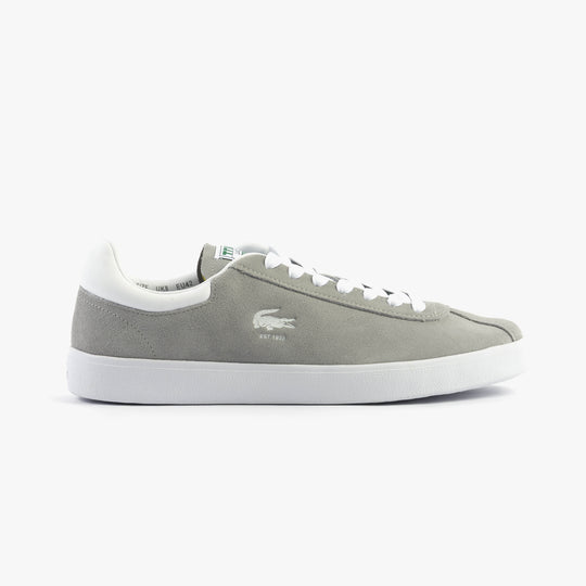 Lacoste BASESHOT Mens Trainers Grey/White side view showcasing suede upper and lace-up closure.