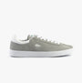 Lacoste BASESHOT Mens Trainers Grey/White side view showcasing suede upper and lace-up closure.