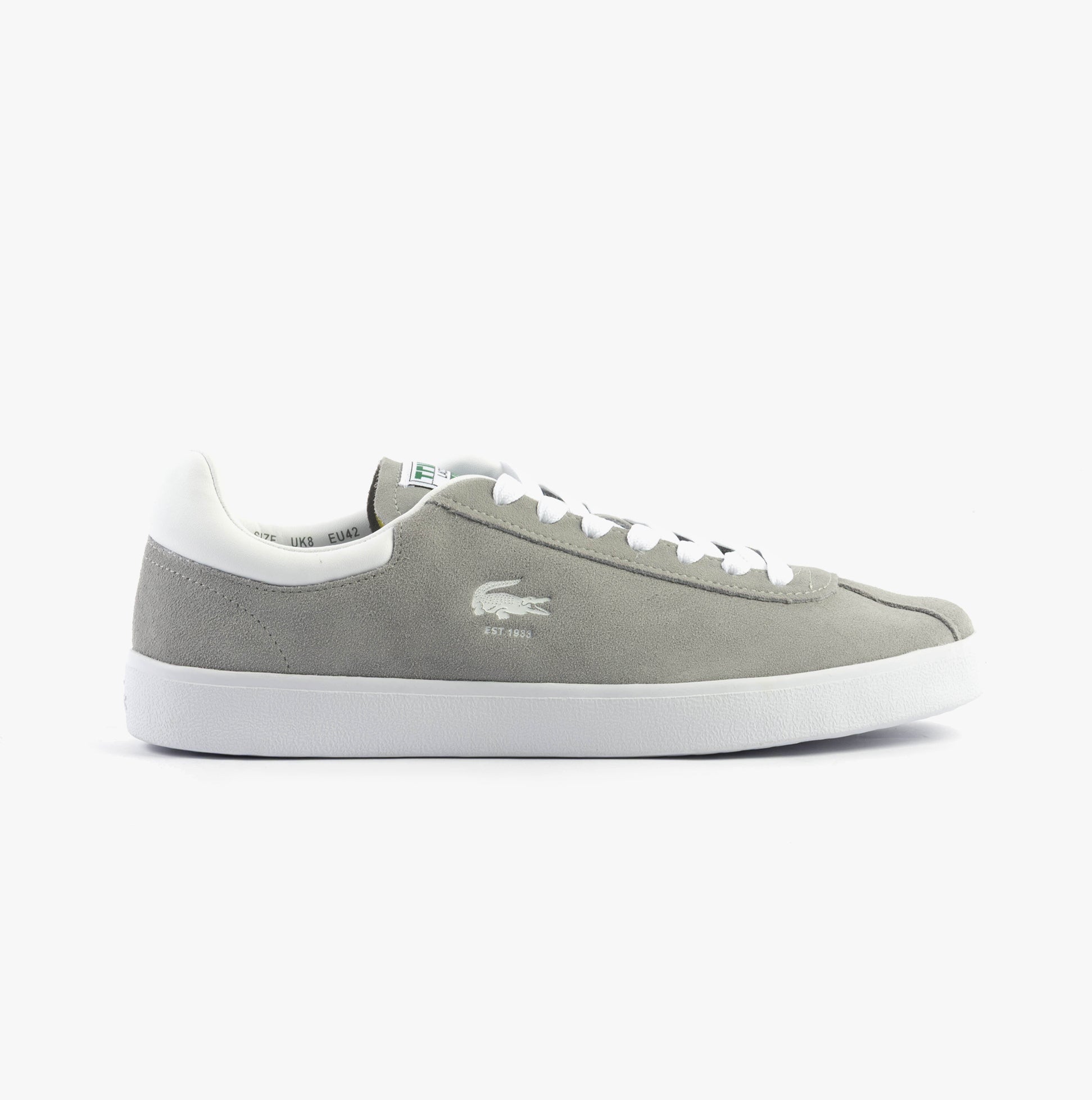 Lacoste BASESHOT Mens Trainers Grey/White side view showcasing suede upper and lace-up closure.