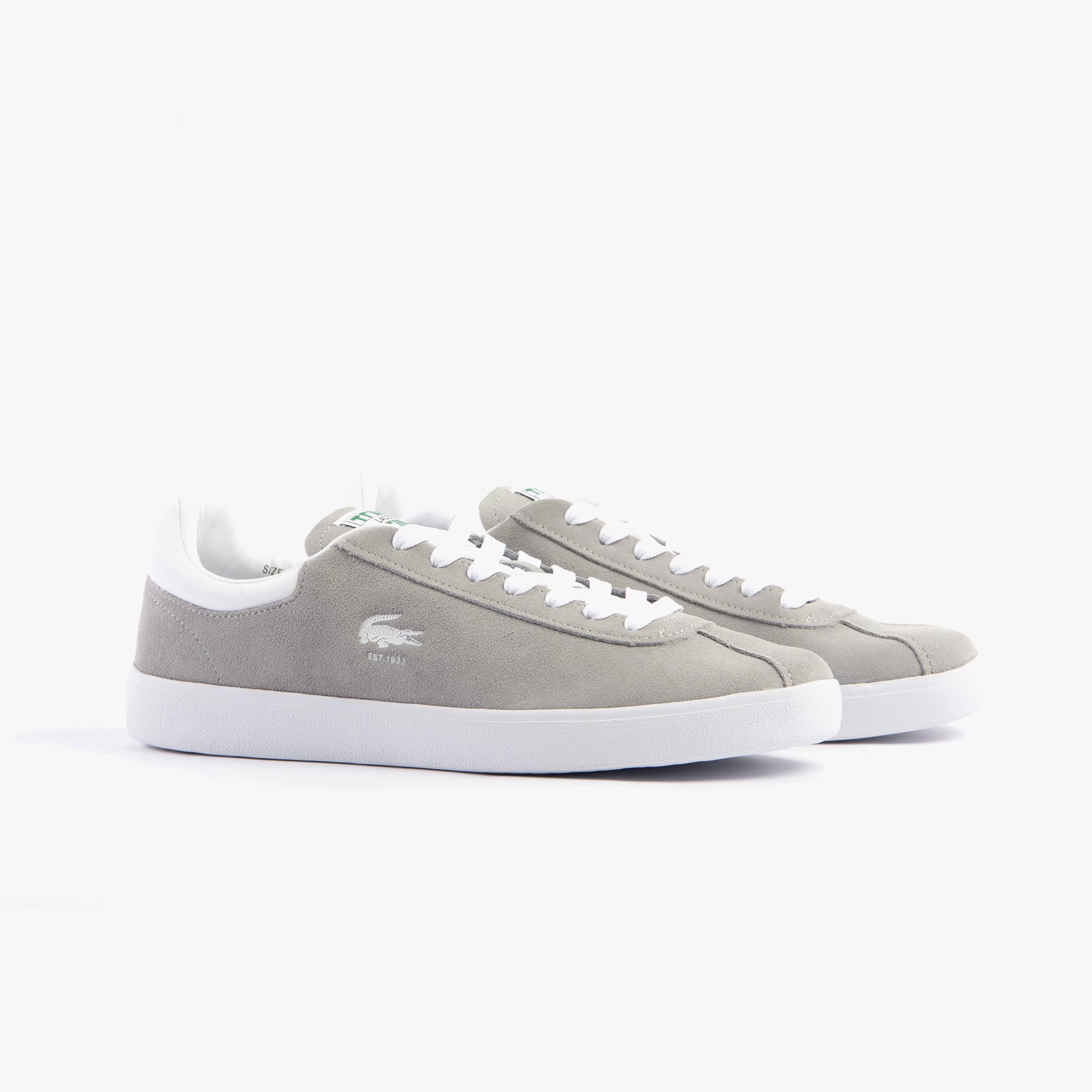 Lacoste BASESHOT Mens Trainers Grey/White side view showcasing suede upper and lace-up closure.