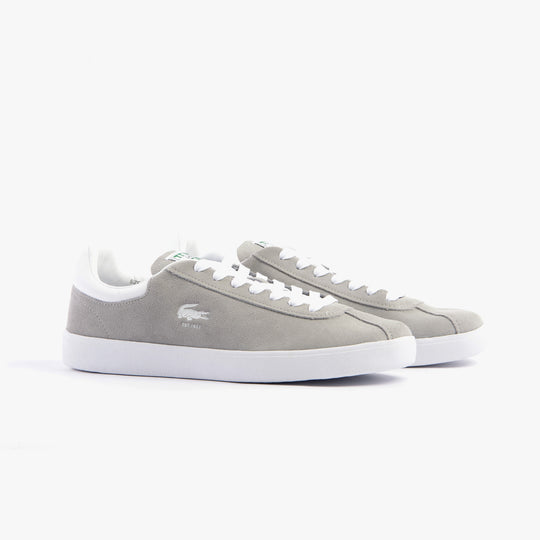 Lacoste BASESHOT Mens Trainers Grey/White side view showcasing suede upper and lace-up closure.