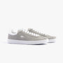Lacoste BASESHOT Mens Trainers Grey/White side view showcasing suede upper and lace-up closure.