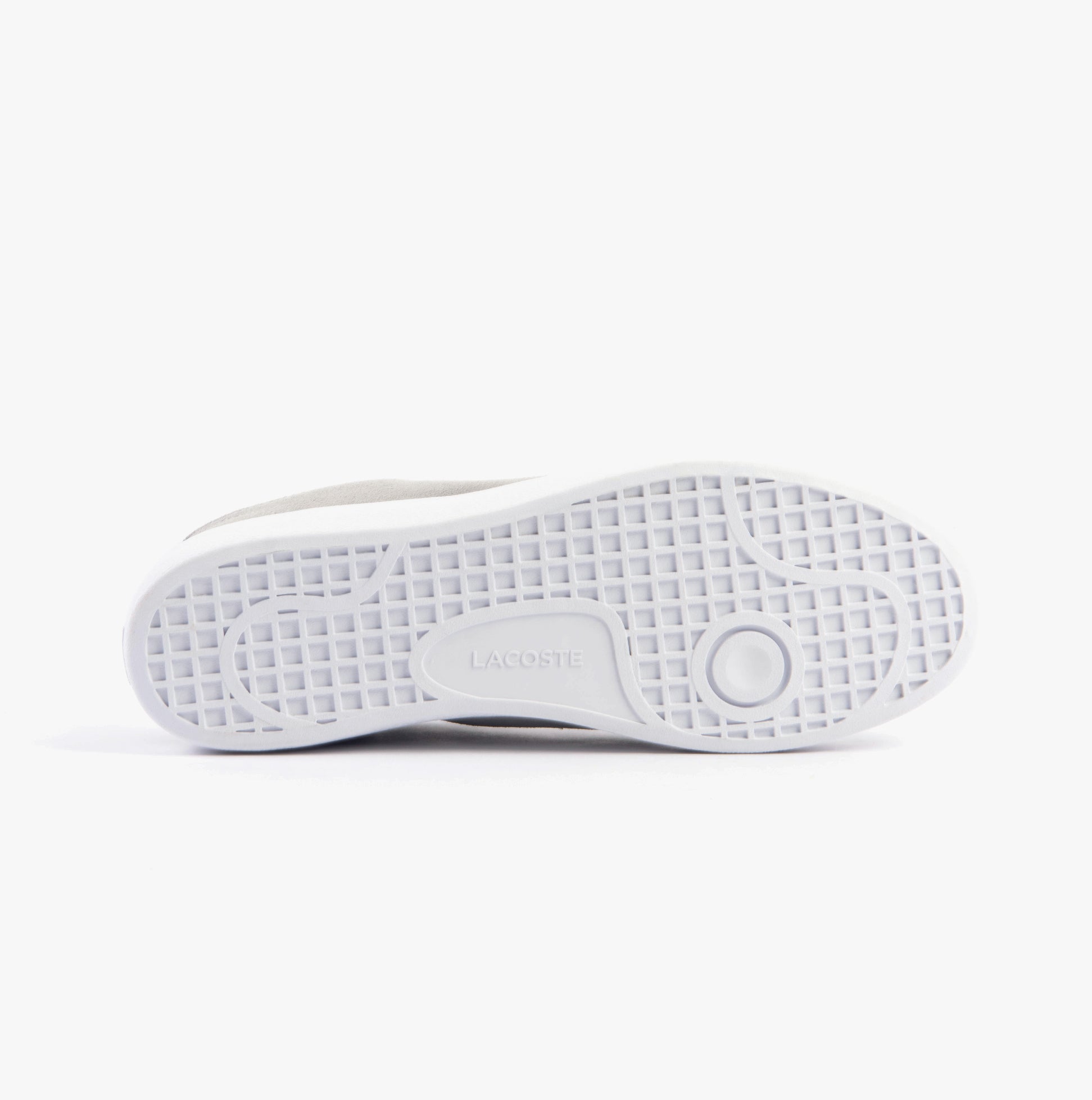 Lacoste BASESHOT Mens Trainers Grey/White bottom view showing textured sole and logo detail.
