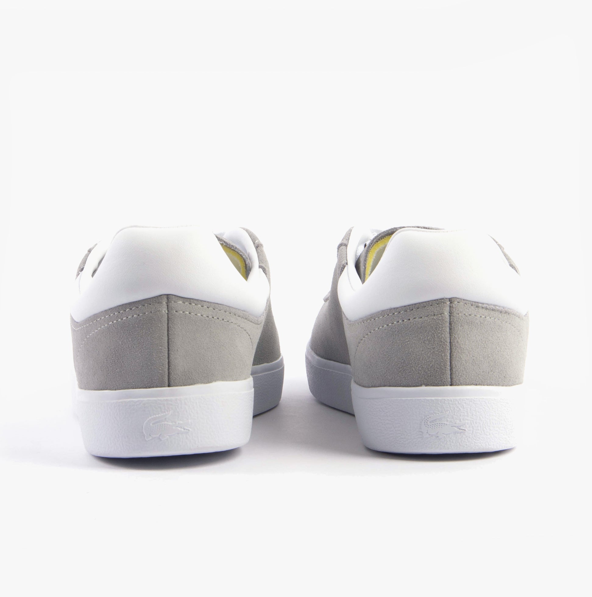 Lacoste BASESHOT Mens Trainers Grey/White back view, showcasing the suede and leather upper with lace-up design.