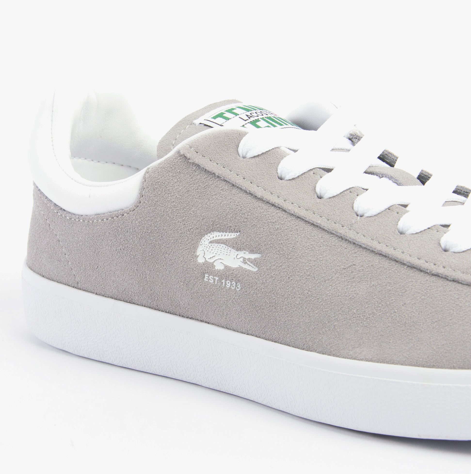 Lacoste BASESHOT Mens Trainers Grey/White detail view featuring suede upper and lace-up closure.