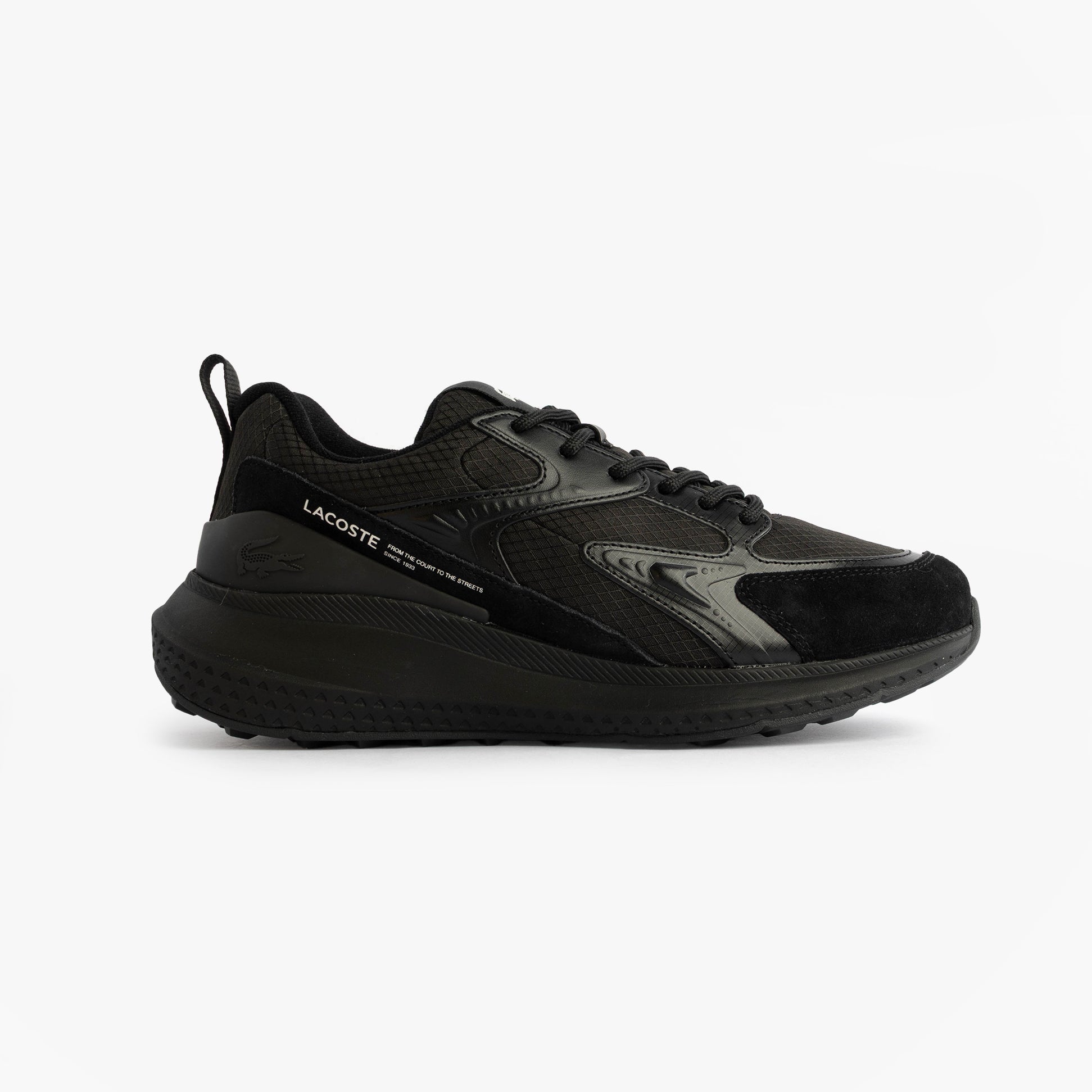 Lacoste L003 EVO Mens Performance Trainers Trainers Black side view showcasing breathable mesh upper and rubber sole.