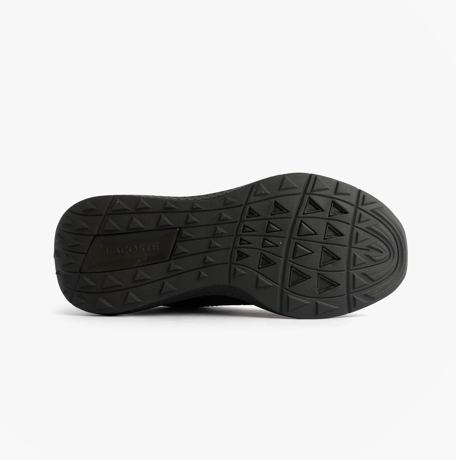 Lacoste L003 EVO Mens Performance Trainers Trainers Black bottom view showcasing rubber sole design and grip patterns.