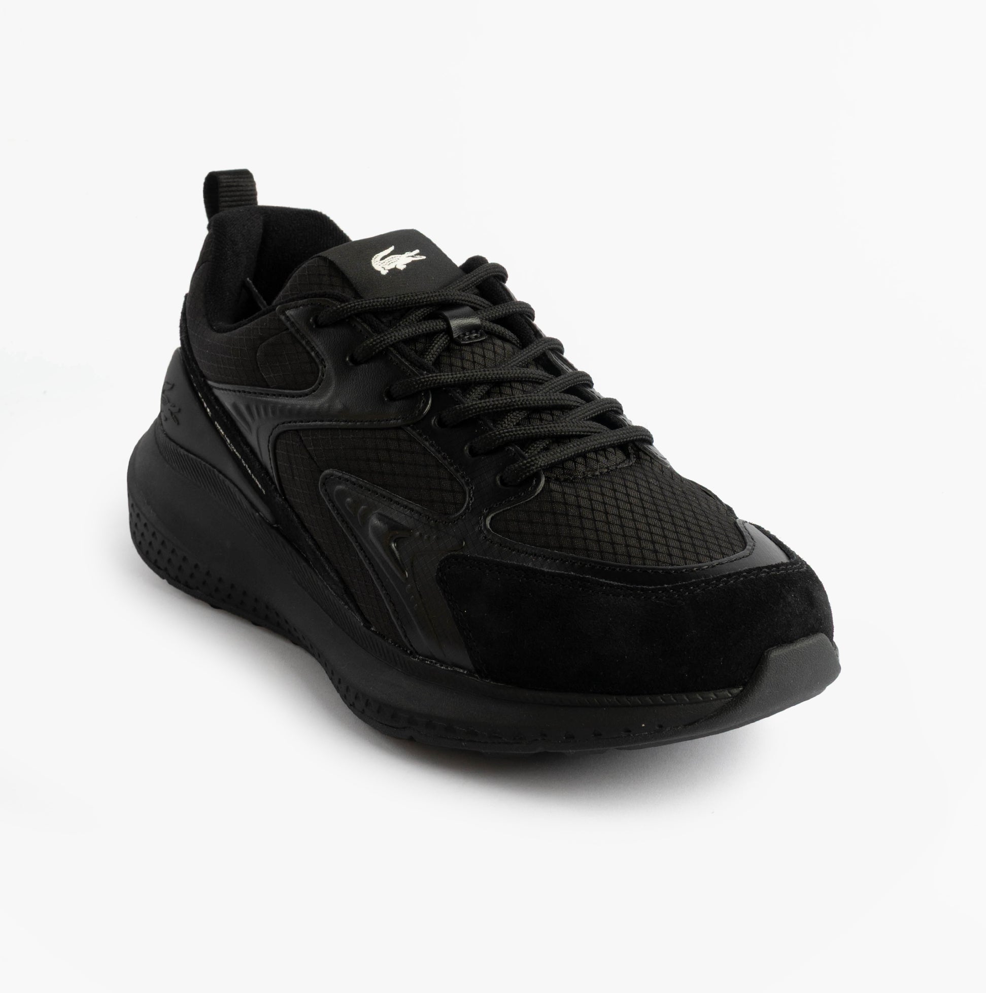 Lacoste L003 EVO Mens Performance Trainers Trainers Black side view featuring breathable mesh and lace-up closure.
