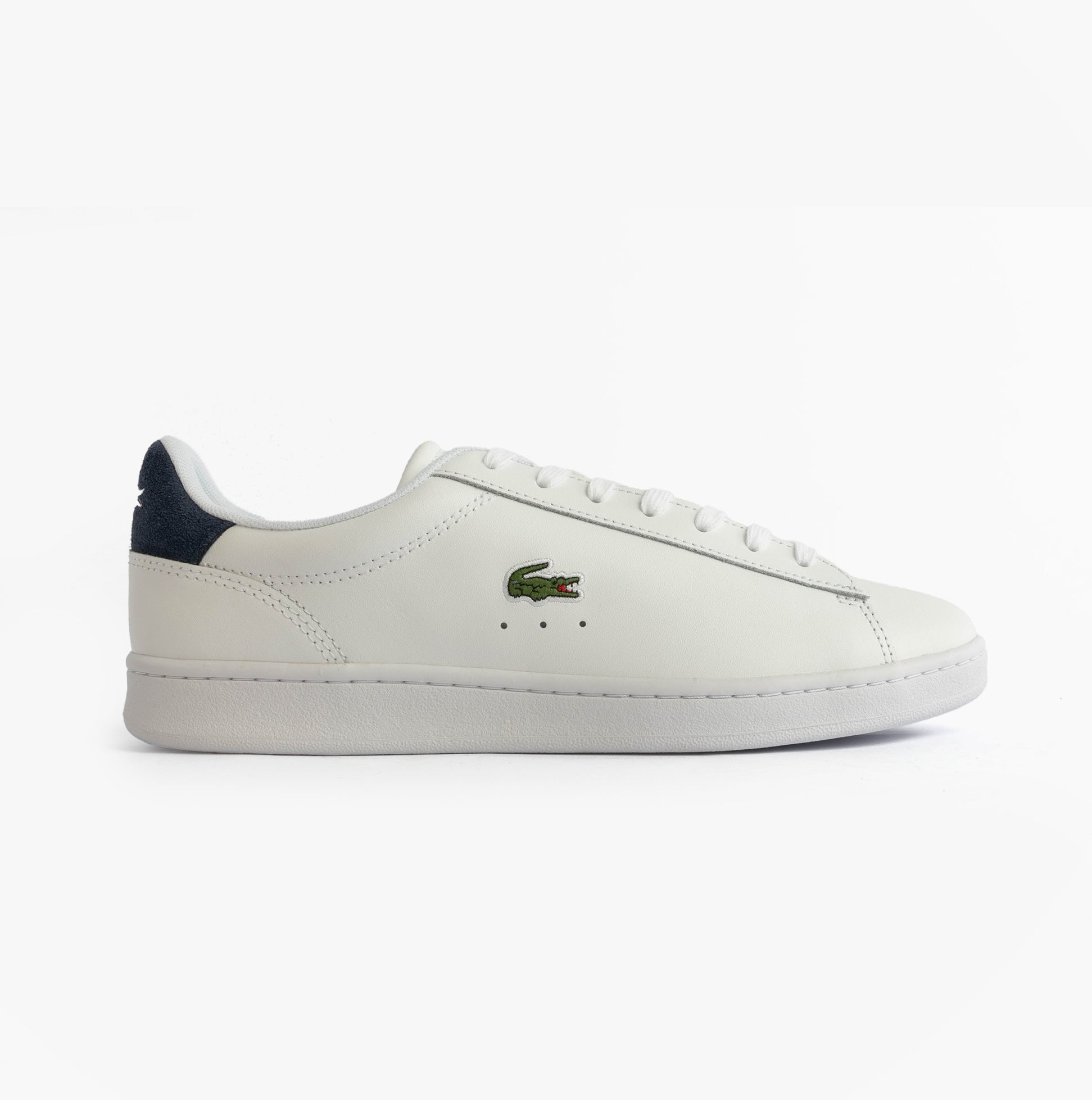 Lacoste CARNABY SET Mens Court Trainers Trainers White/Navy side view showcasing leather upper and lace-up design.