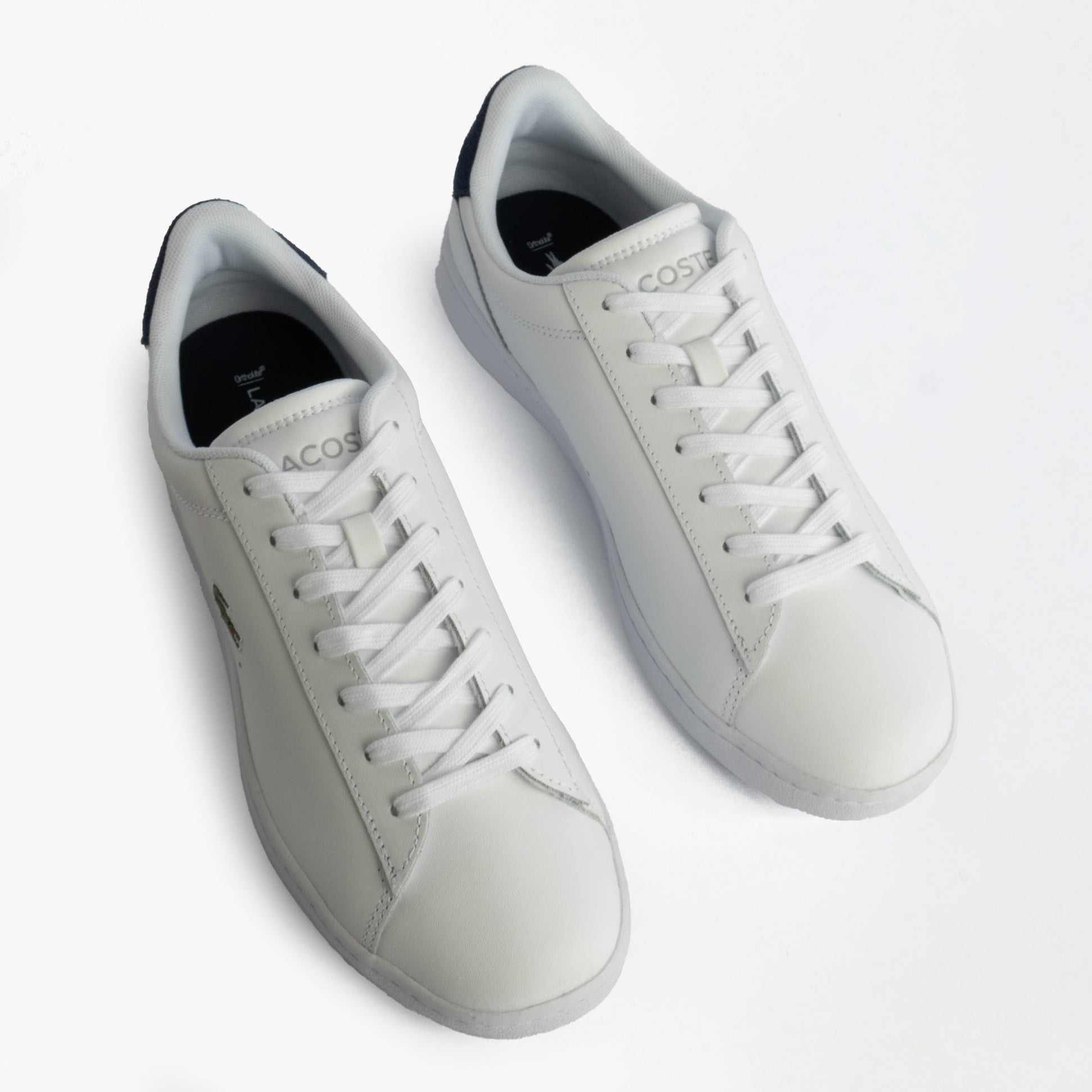 Lacoste CARNABY SET Mens Court Trainers Trainers White/Navy top view showing lace-up design and sleek leather upper