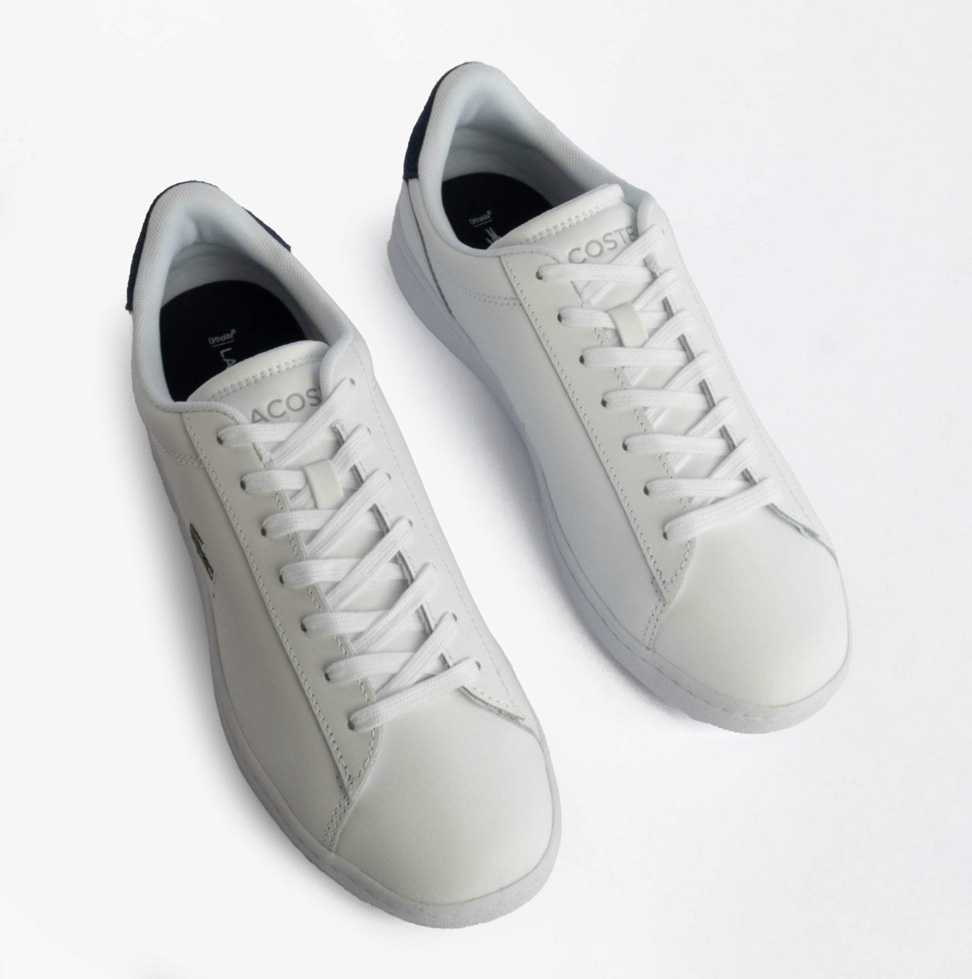 Lacoste CARNABY SET Mens Court Trainers Trainers White/Navy top view showing lace-up design and sleek leather upper