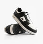 Lacoste COURT CAGE Mens Court Trainers Trainers Black/White side view showcasing leather upper and rubber sole.