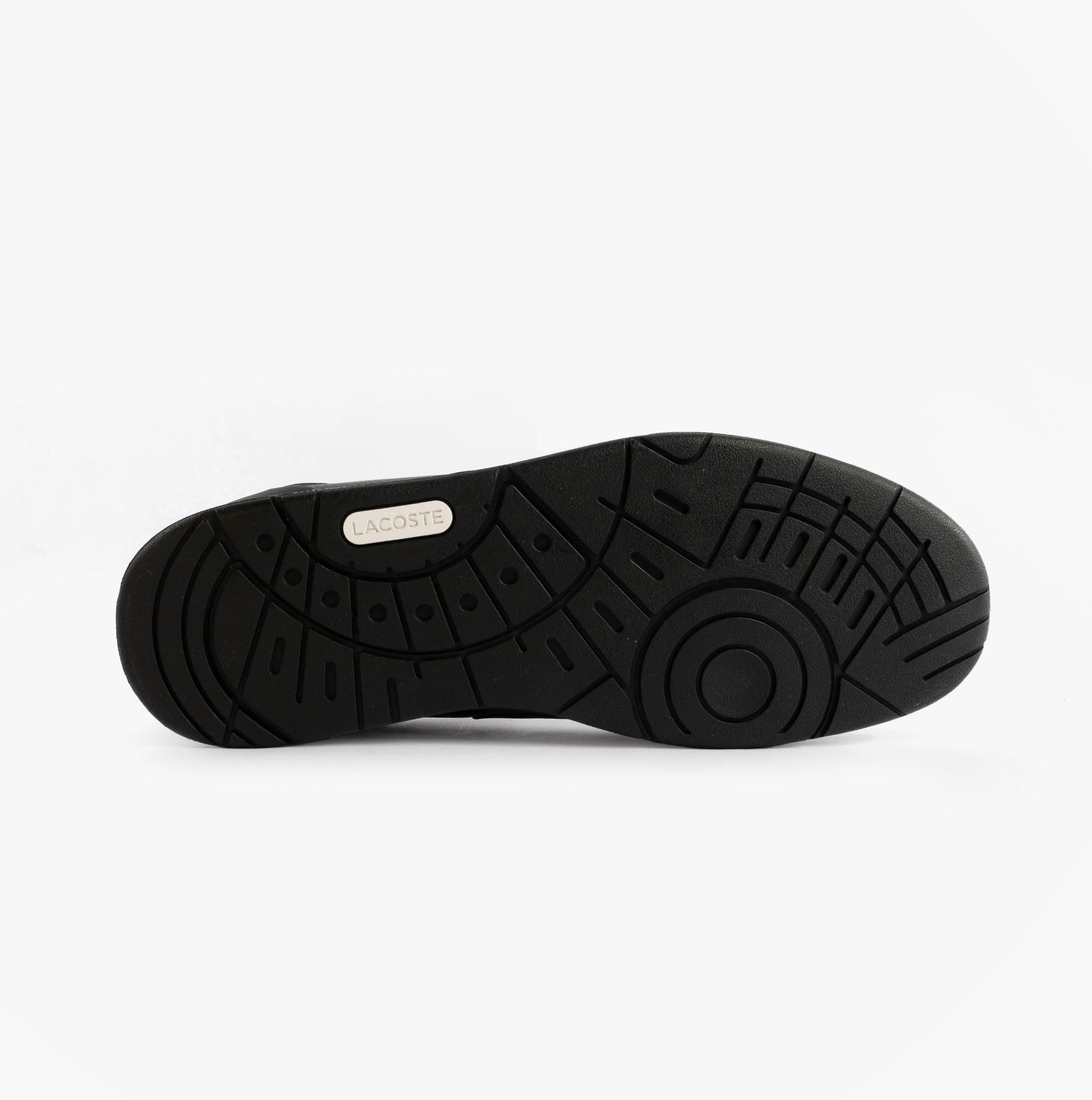 Lacoste COURT CAGE Mens Court Trainers Trainers Black/White bottom view showing rubber sole and tread pattern.