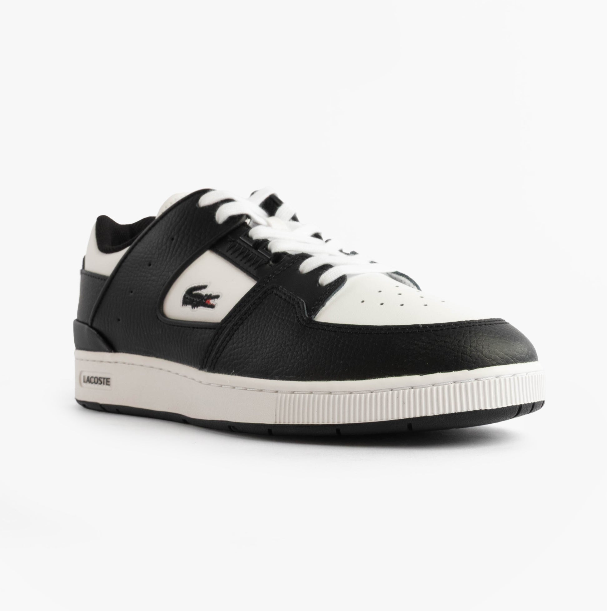 Lacoste COURT CAGE Mens Court Trainers Trainers Black/White side view showcasing leather upper and lace-up closure.