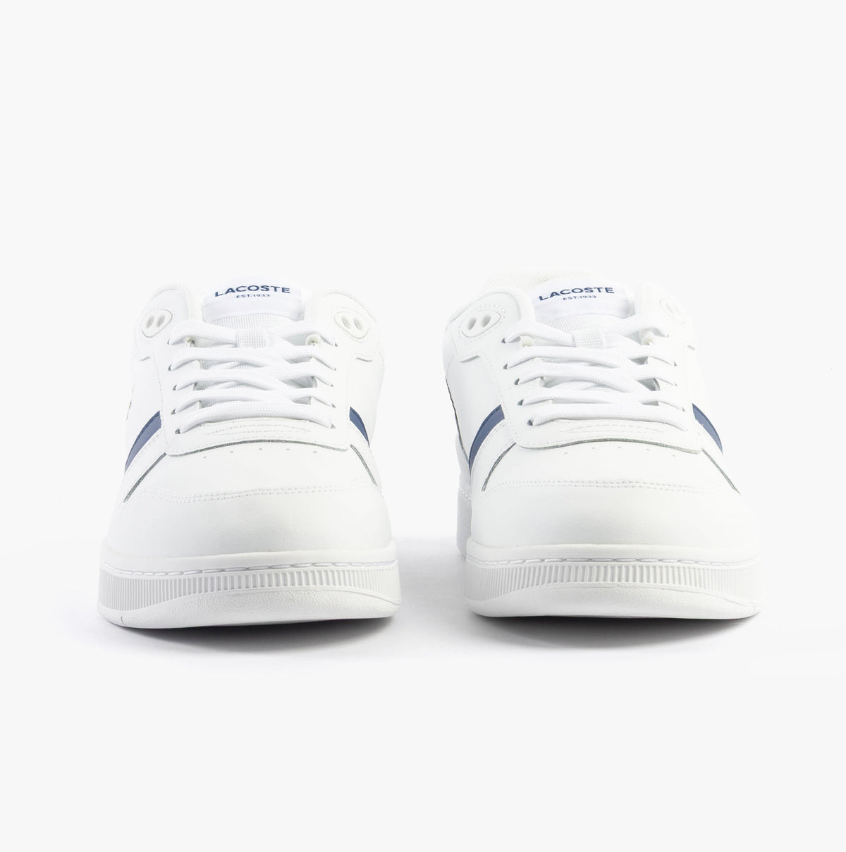 Lacoste T-CLIP SET Mens Trainers White/Navy front view, featuring lace-up closure and round toe design.