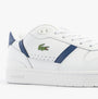 Lacoste T-CLIP SET Mens Trainers White/Navy side view showcasing leather upper and signature crocodile logo.