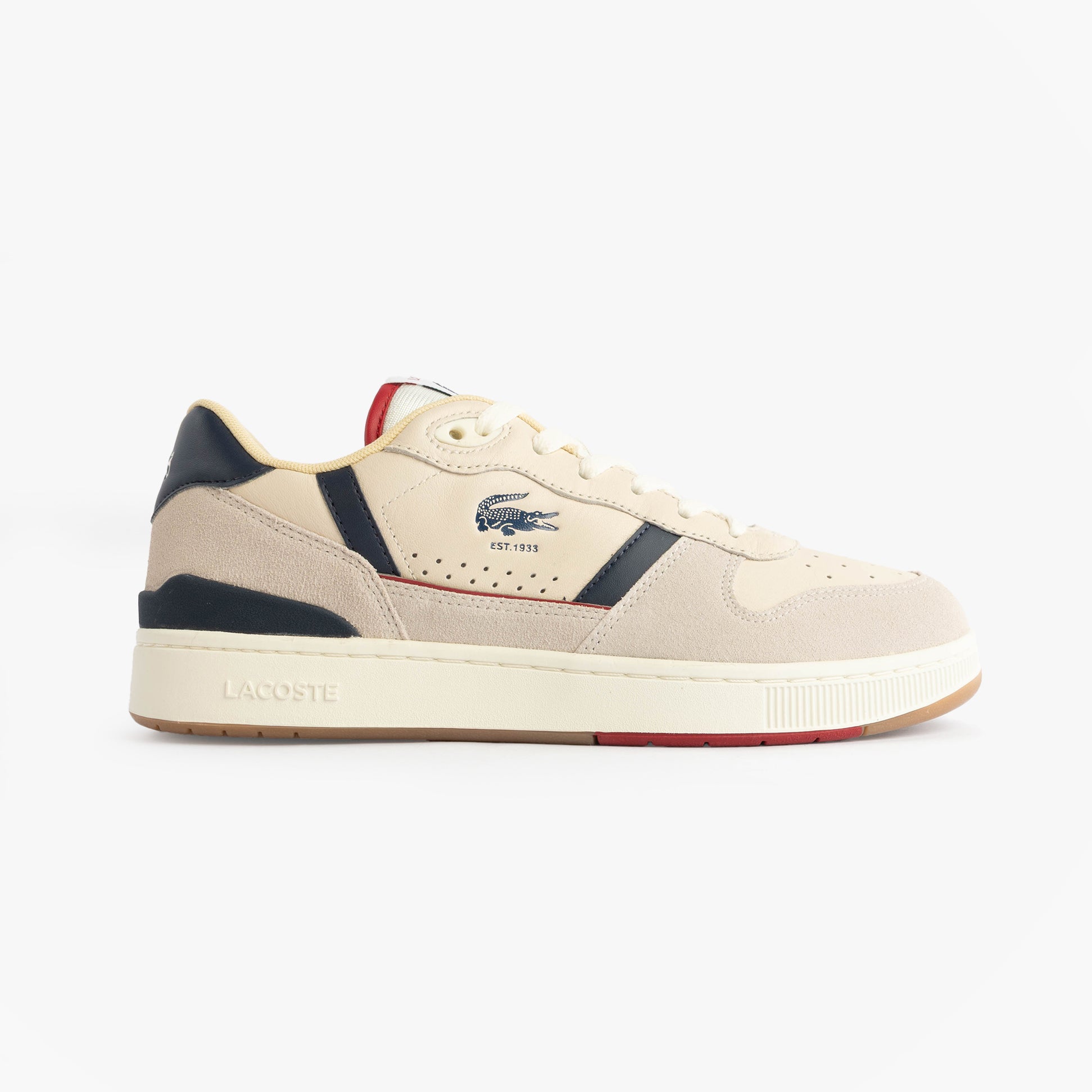 Lacoste T-CLIP SET Mens Casual Trainers Trainers Off White/Gum side view with leather and suede upper.