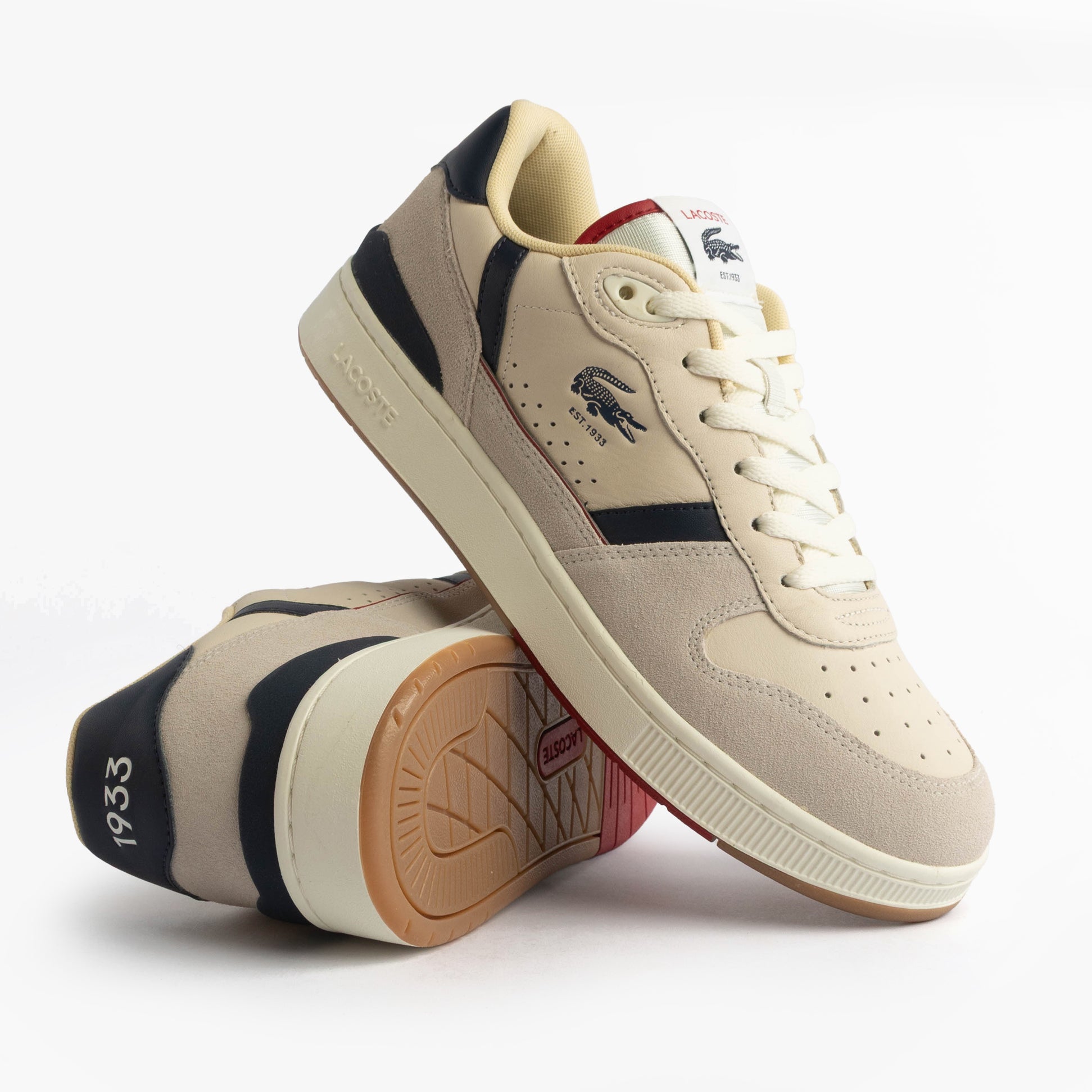 Lacoste T-CLIP SET Mens Casual Trainers Trainers Off White/Gum side view showcasing leather and suede design.