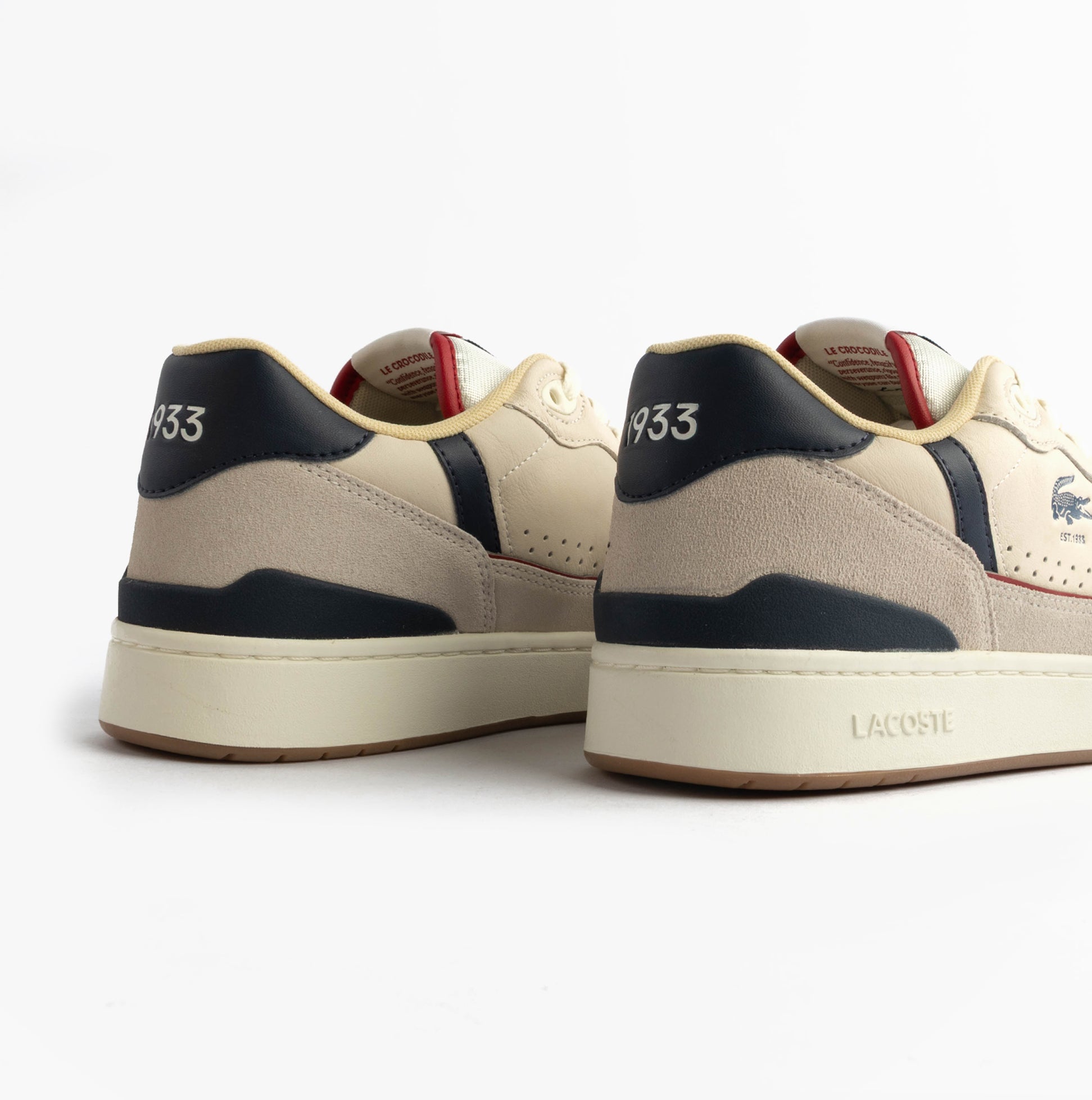 Lacoste T-CLIP SET Mens Casual Trainers Trainers Off White/Gum back view with suede and leather upper.