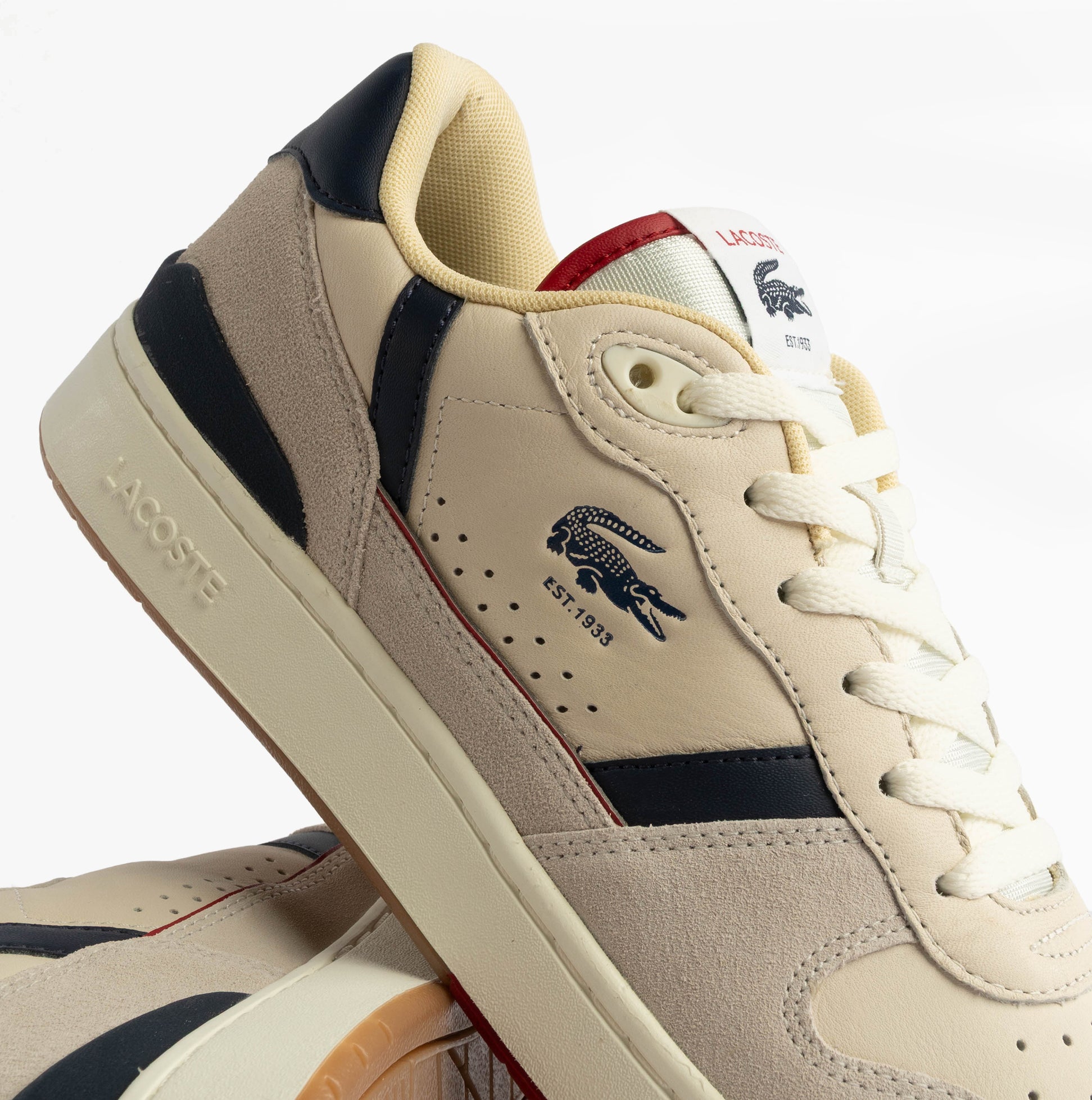 Lacoste T-CLIP SET Mens Casual Trainers Trainers Off White/Gum side view showing leather and suede materials.