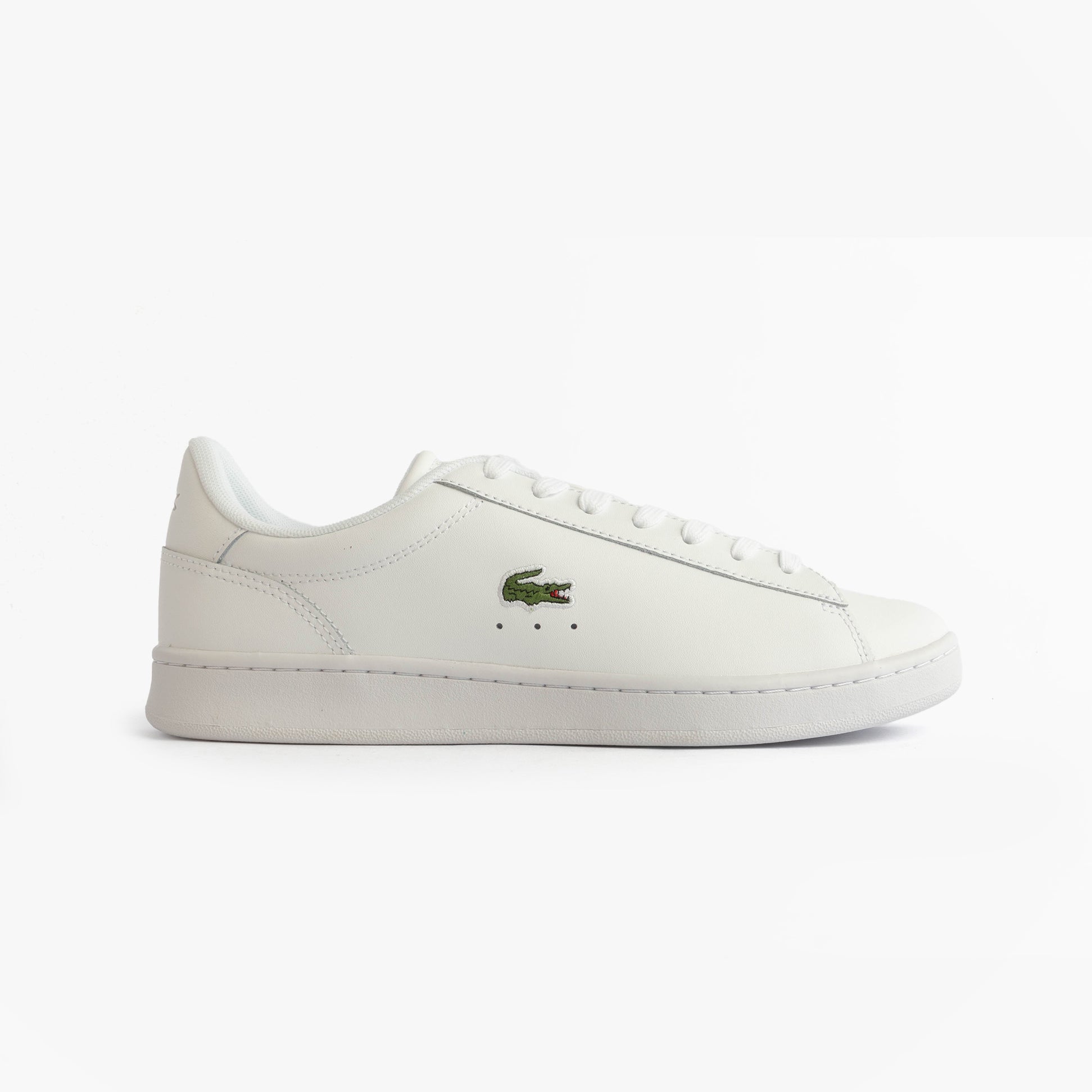 Lacoste CARNABY SET Mens Court Trainers Trainers White side view with leather upper and round toe design.