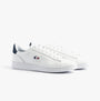 Lacoste CARNABY SET Mens Trainers White/Navy/Red side view showcasing leather upper and round toe design.