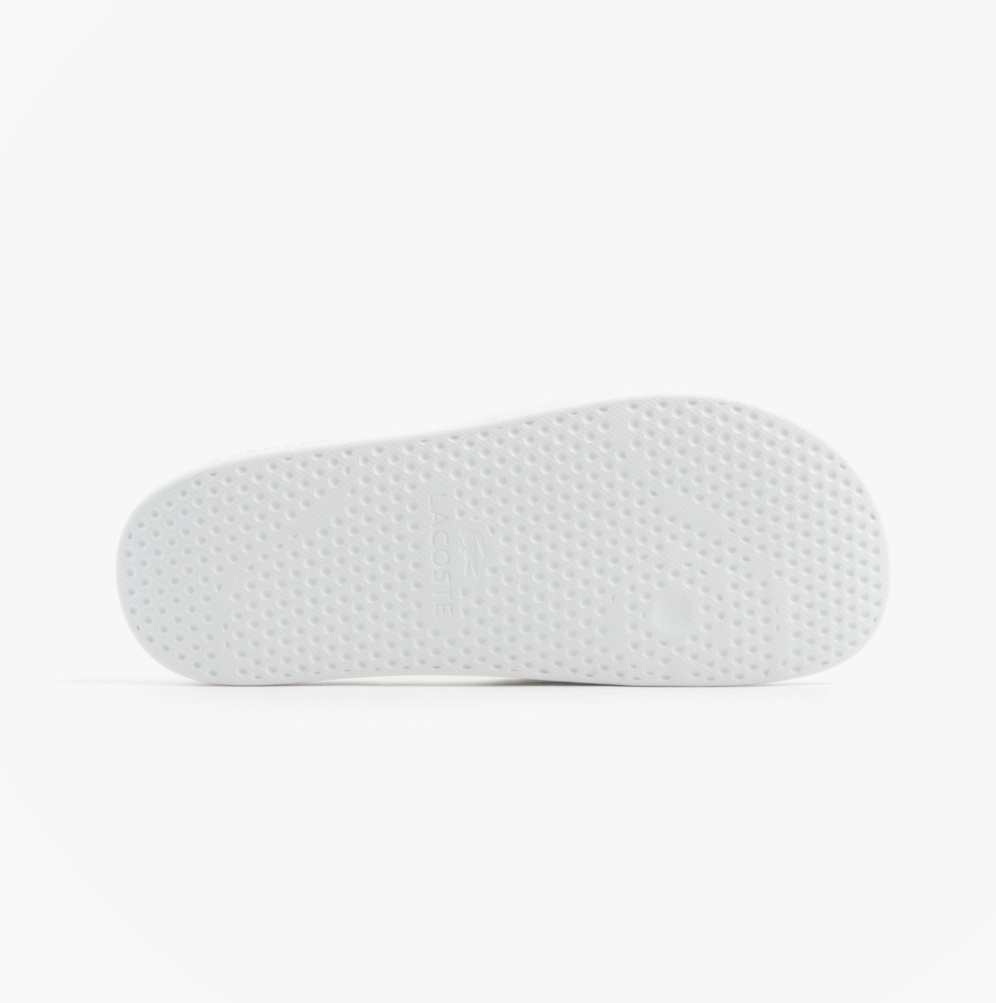 Lacoste SERVE SLIDE 0.0 Mens Slides White/Green underside view, featuring textured EVA sole for grip and comfort.