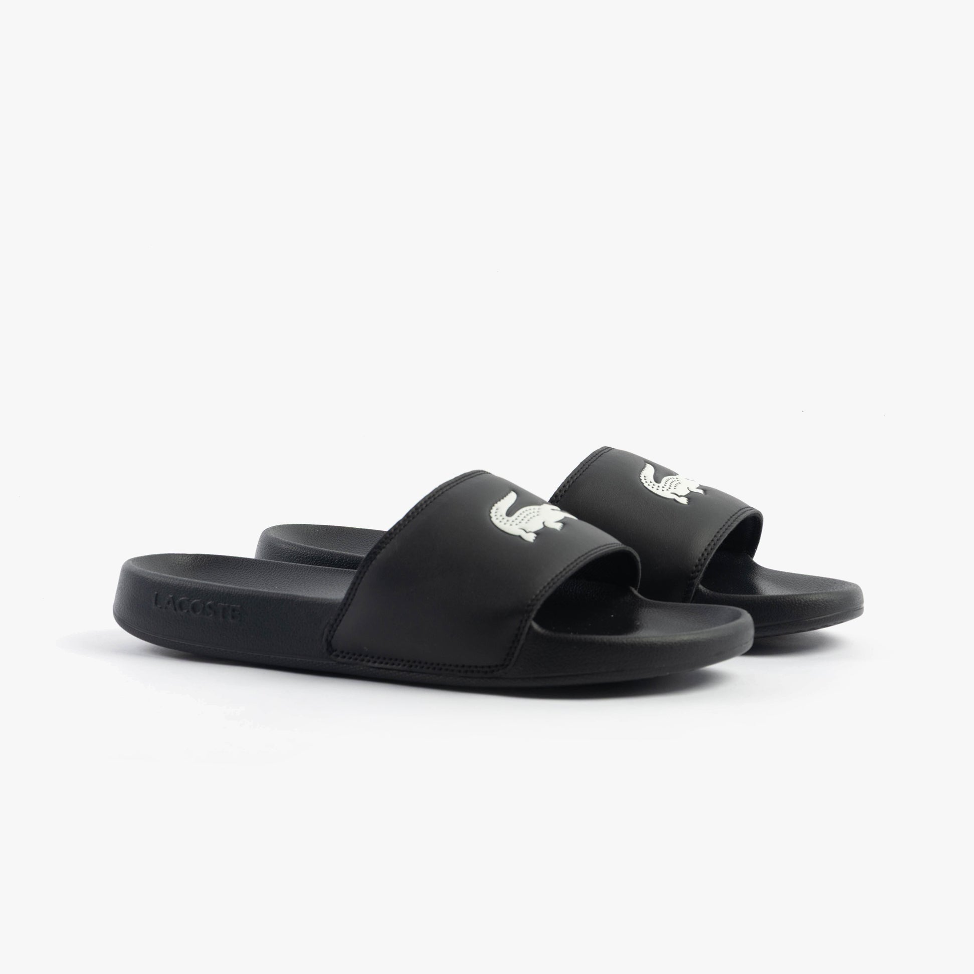 Lacoste SERVE SLIDE 0.0 Mens Slides Black/White side view showcasing comfort slip-on design.